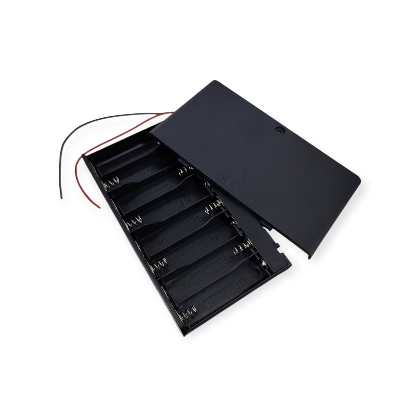 8-slot AA battery holder with black plastic cover open, clearly showing all battery compartments and internal structure.