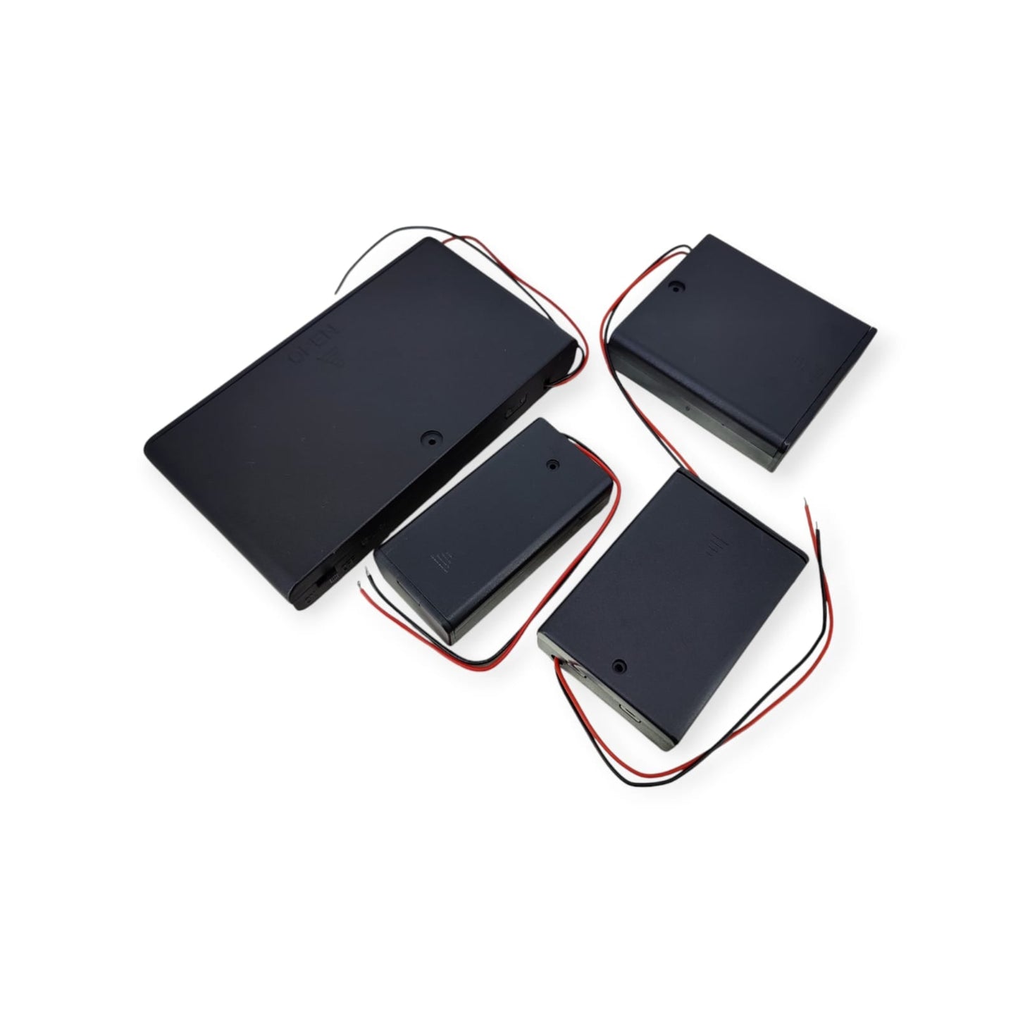 Four black AA battery holders of various sizes, including 2, 3, 4, and 8 slot options, all with leads.