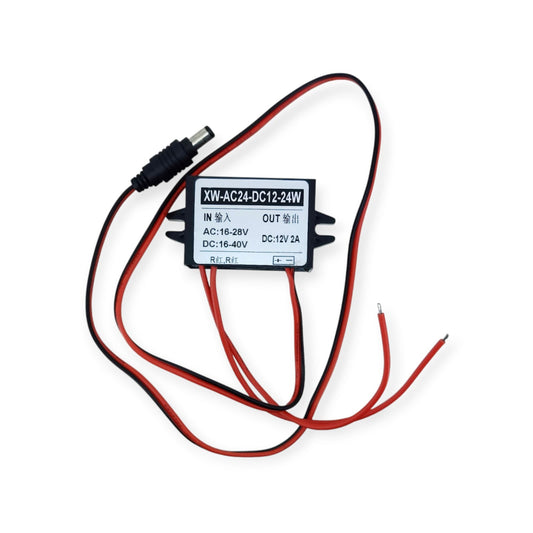 Close-up of an AC/DC to DC 12V 2A 24W converter module, showing input (AC 16-28V / DC 16-40V) and output (DC 12V) specifications on the label.