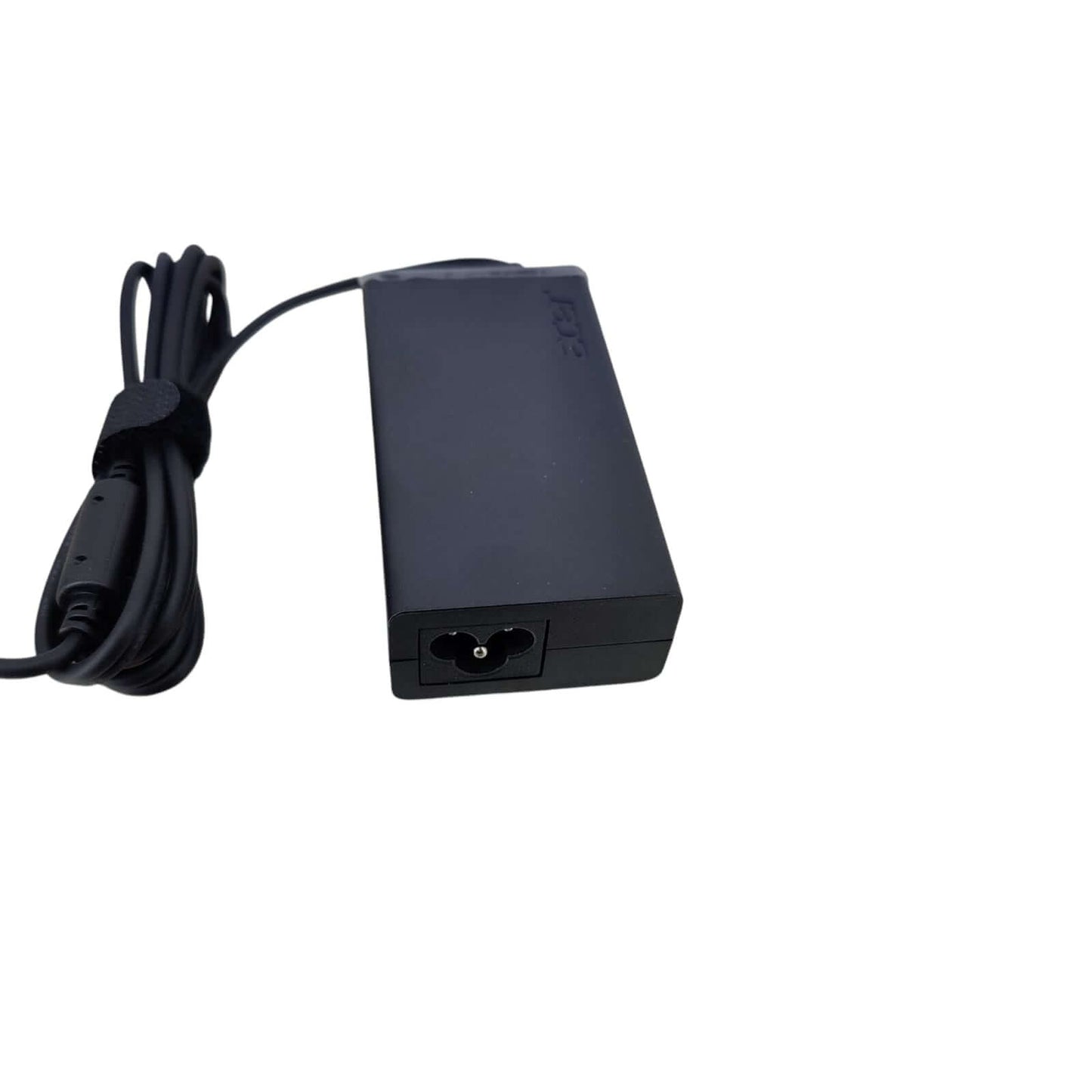 The C5 "Mickey Mouse" input port on the Acer 65W laptop power adapter brick where the power cord connects.