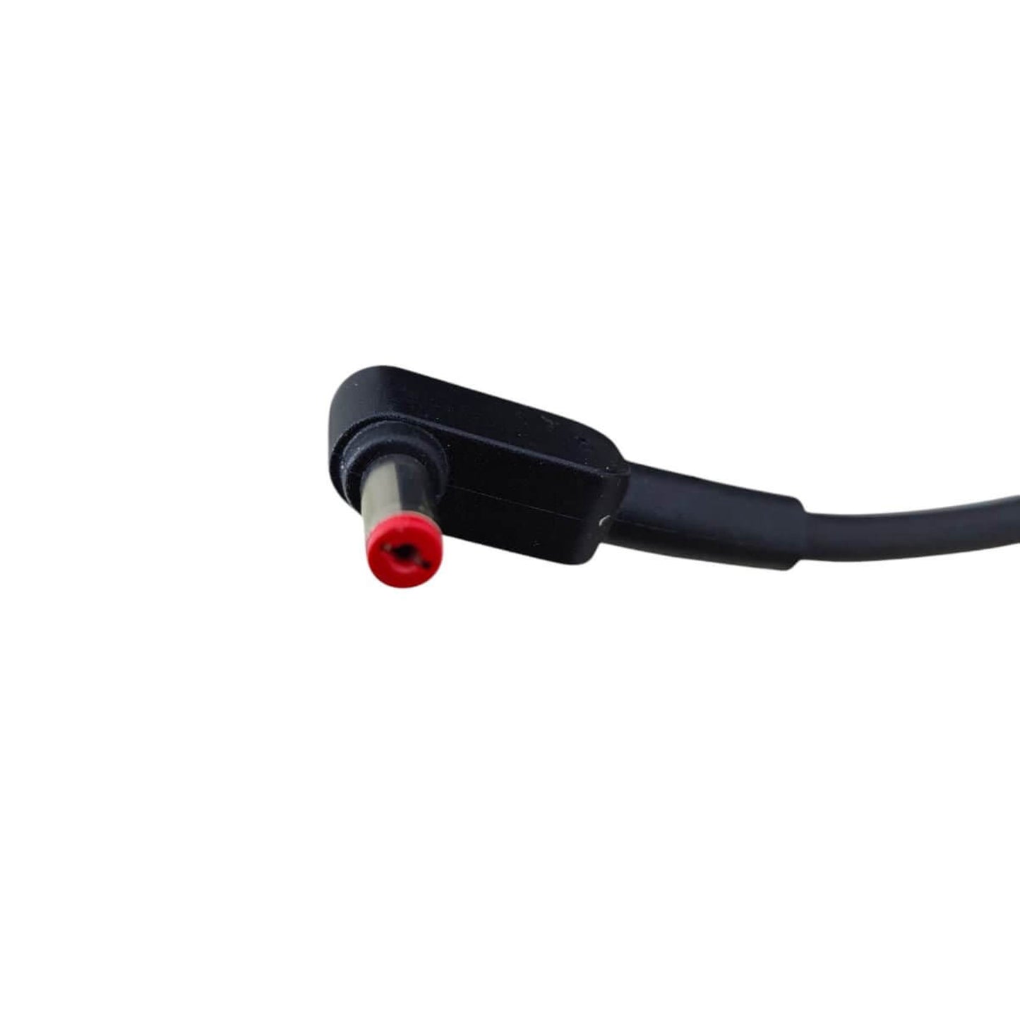 Close-up of a laptop charger connector with a black body and red tip, designed for Acer laptops.
