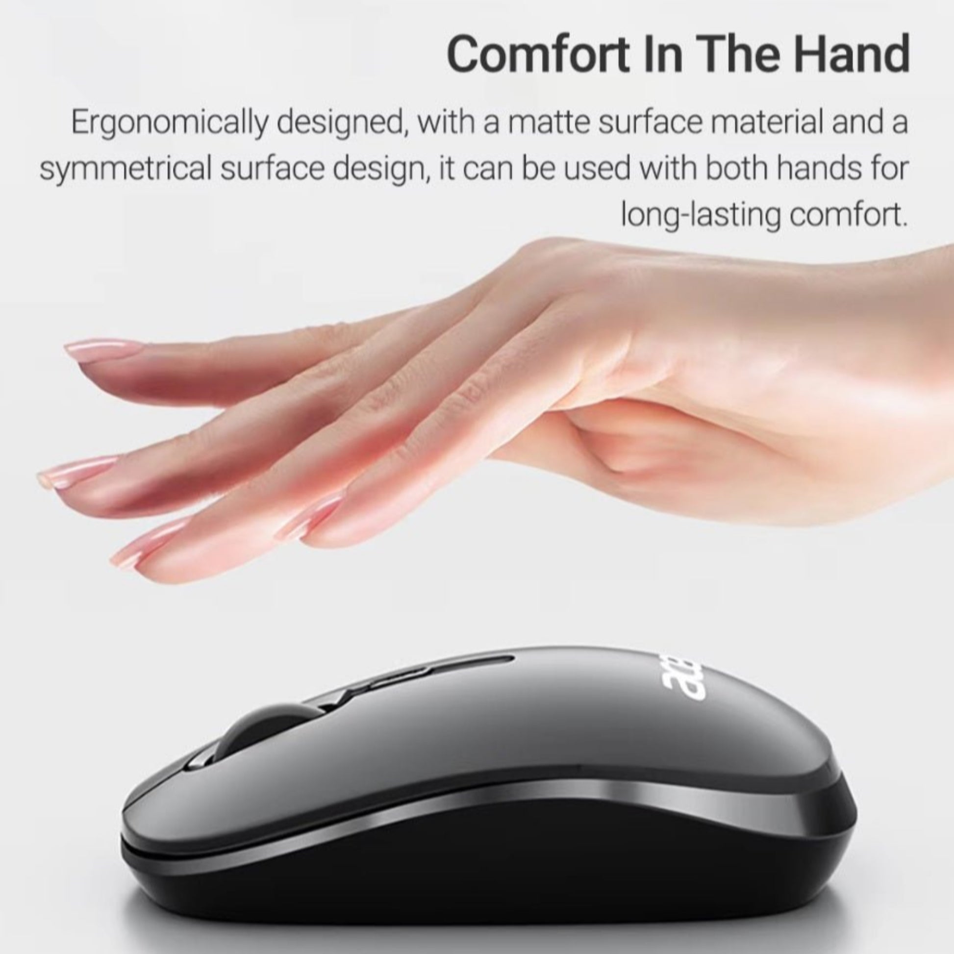 Acer M153 wireless mouse with ergonomic design, matte surface, suitable for both left and right hands for comfort.