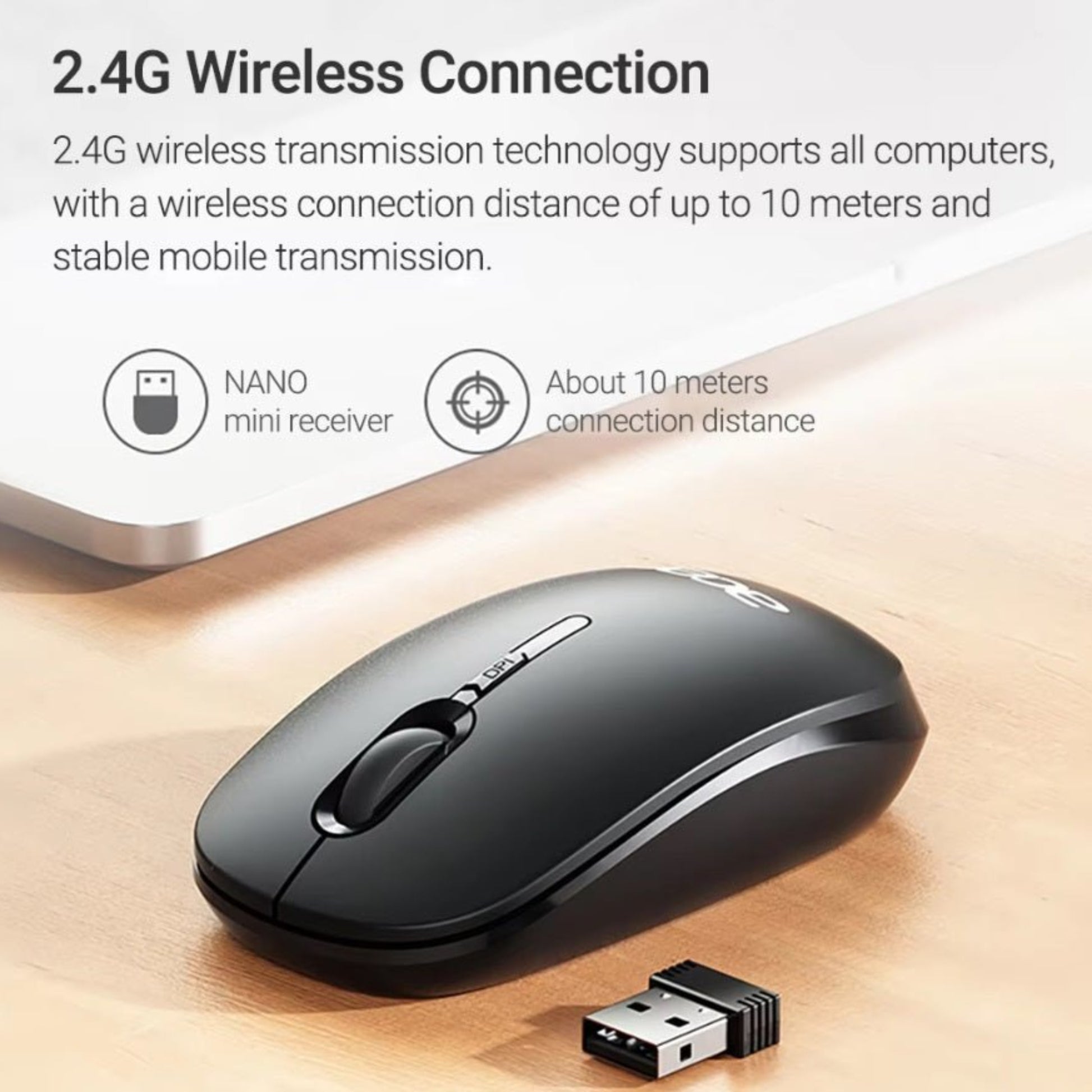 Acer M153 wireless mouse showcasing 2.4GHz connection technology and mini receiver on a table.