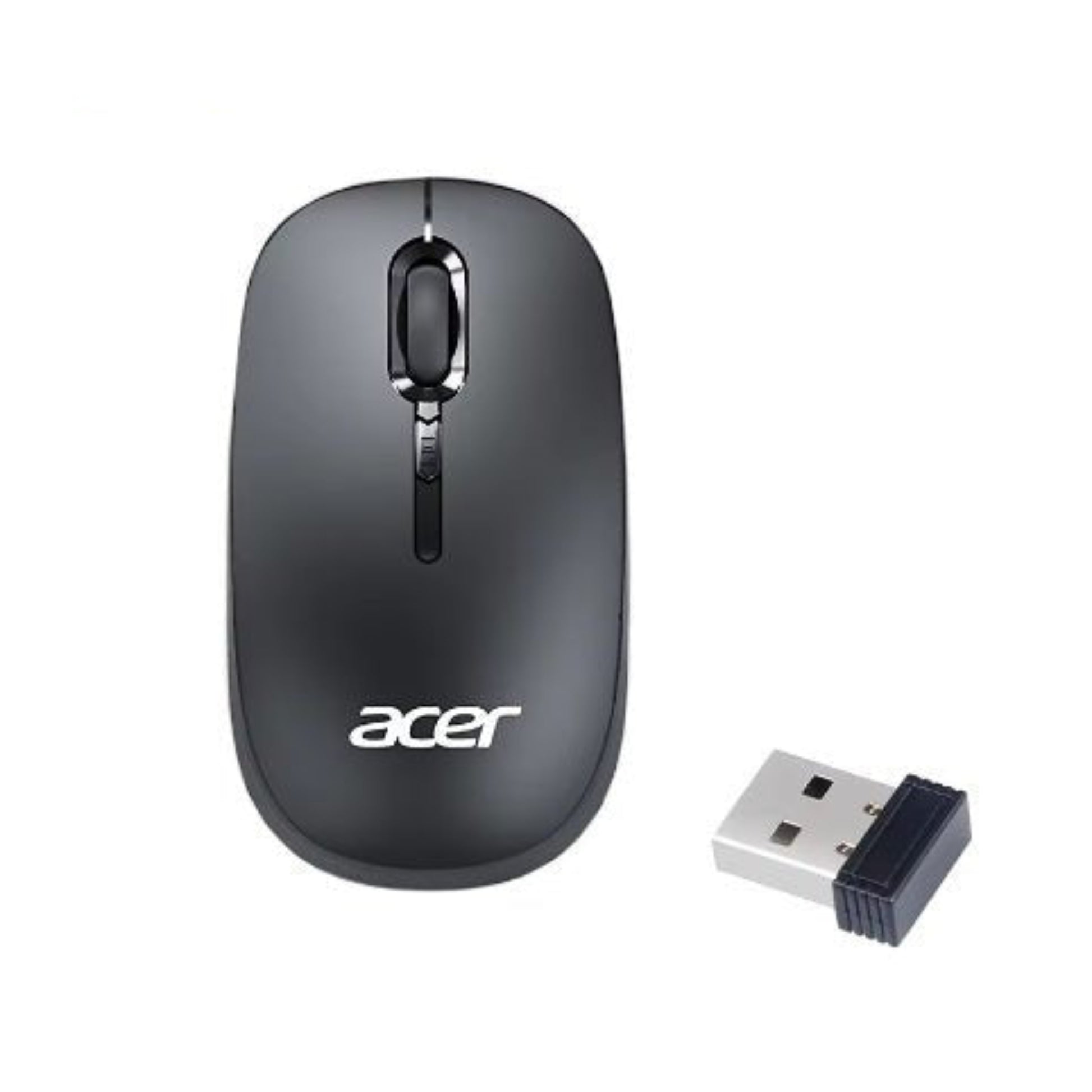 Acer M153 Wireless Ergonomic Mouse in black with USB receiver, featuring a smooth scrolling wheel and multi-functional buttons.