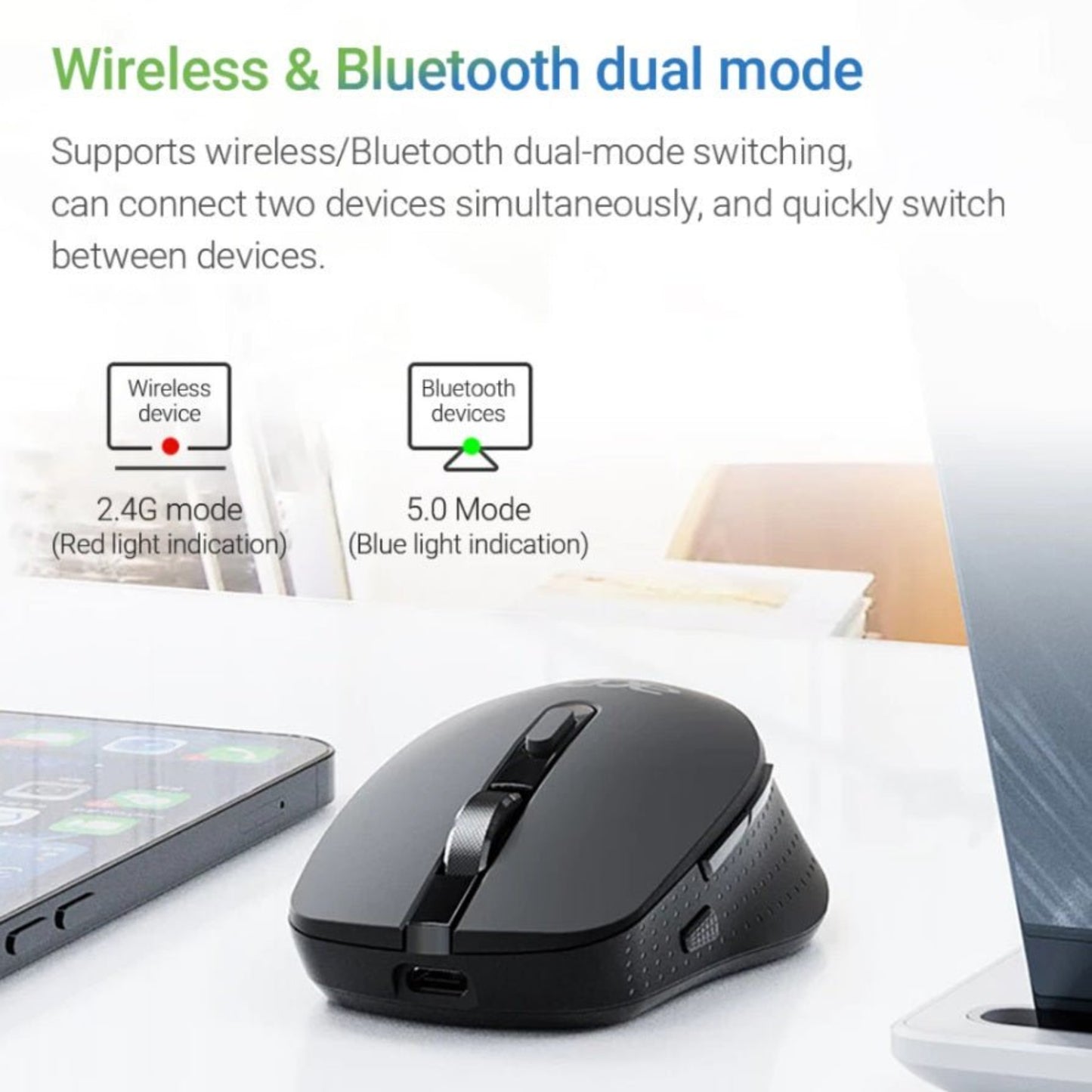 Acer M155 wireless mouse showcasing dual-mode connectivity with indicators for 2.4G and Bluetooth 5.0 options.
