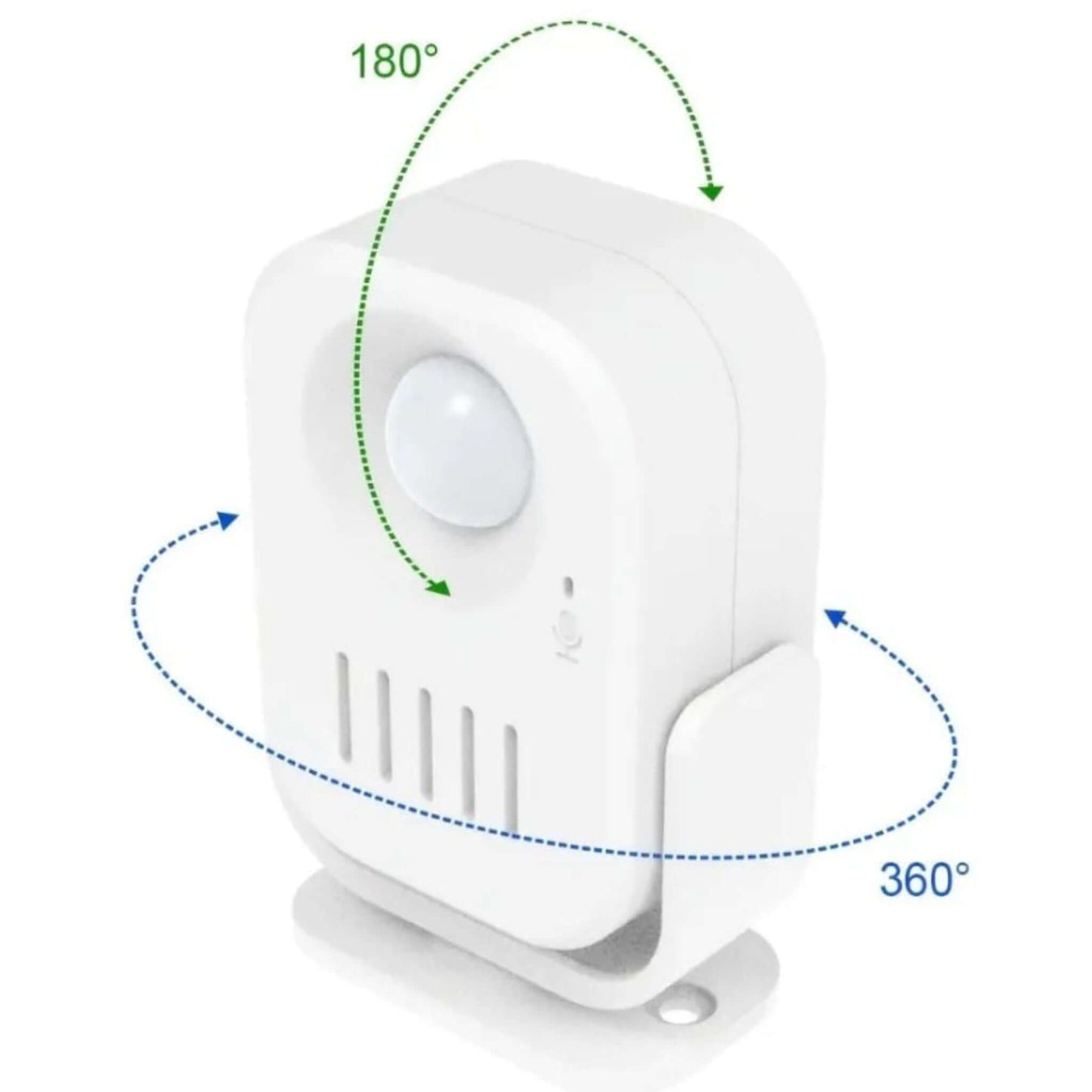 The security motion sensor on its fully adjustable mount, showing a 360-degree swivel and 180-degree tilt for perfect aiming.