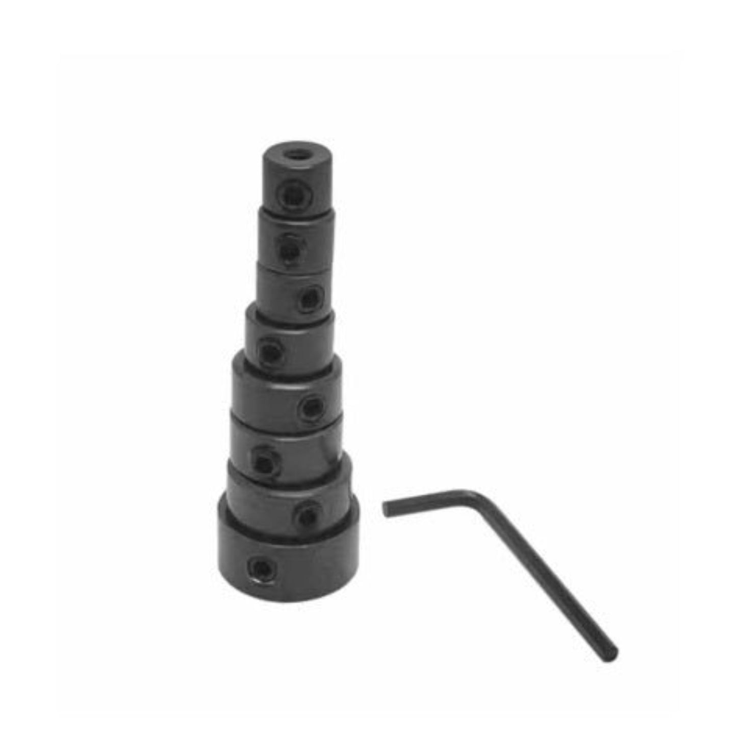 Drill stop bit collar set with eight adjustable limit rings and an Allen wrench for precise depth control.