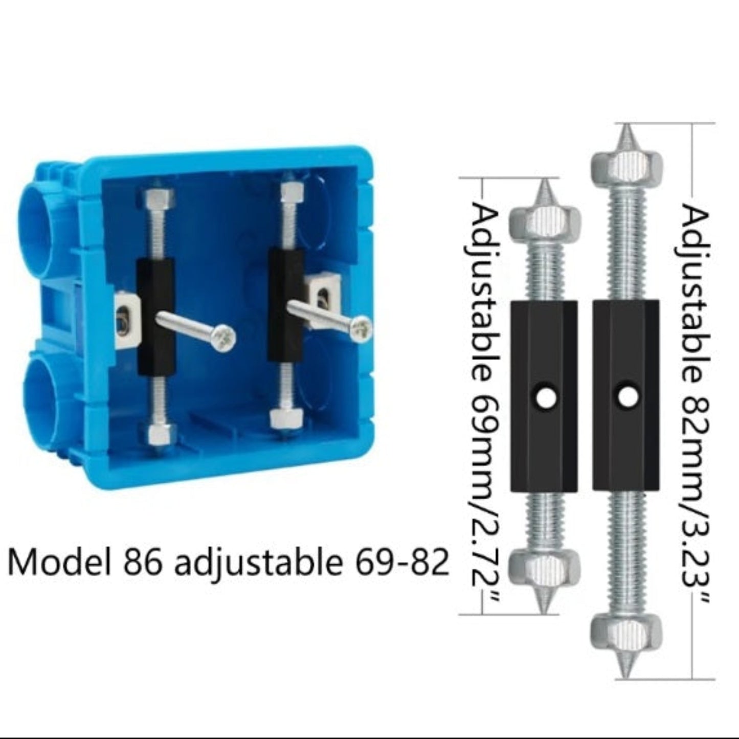 Model 86 electrical box repairer shown in blue box with adjustable dimensions (69-82mm).