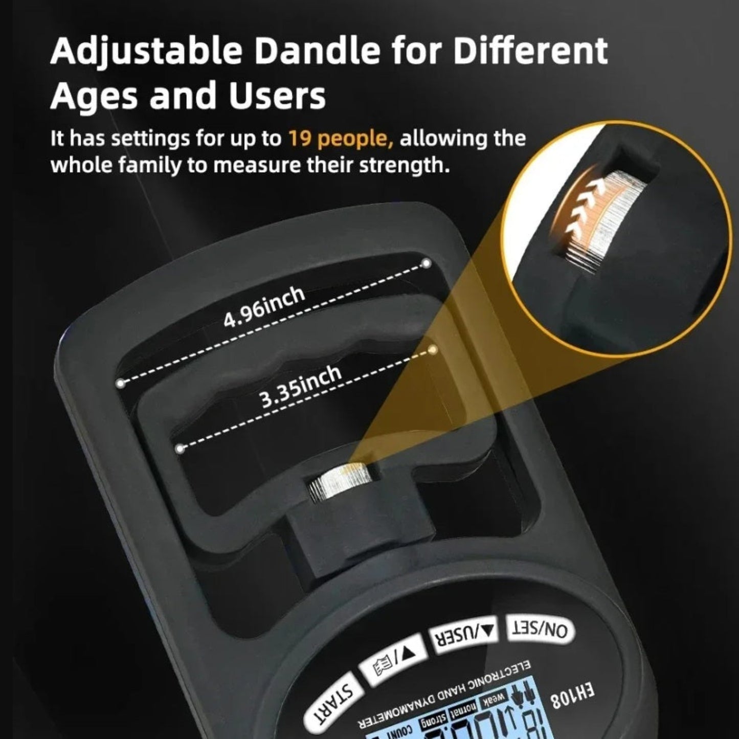 Close-up of adjustable handle on digital hand dynamometer, showing 3.35 to 4.96 inch range for different users.