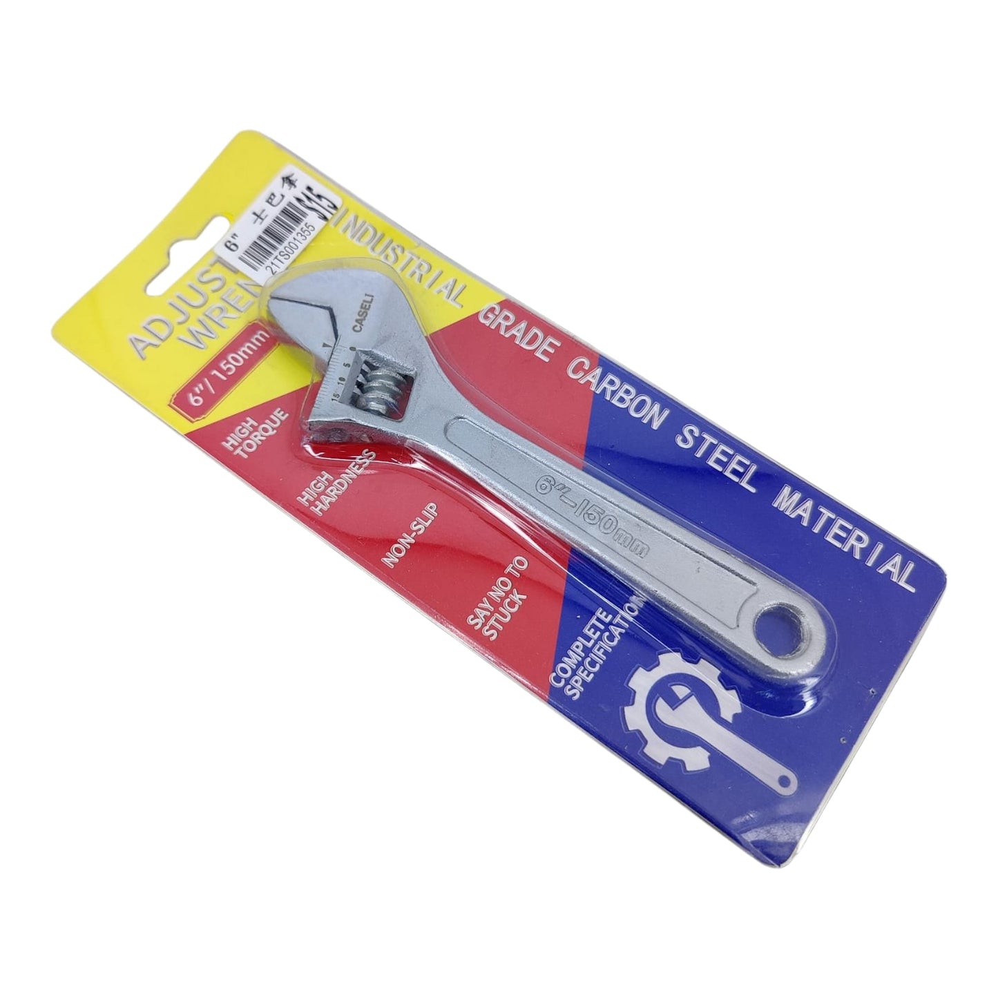6-inch industrial grade carbon steel adjustable wrench packaging showcasing durability and performance.