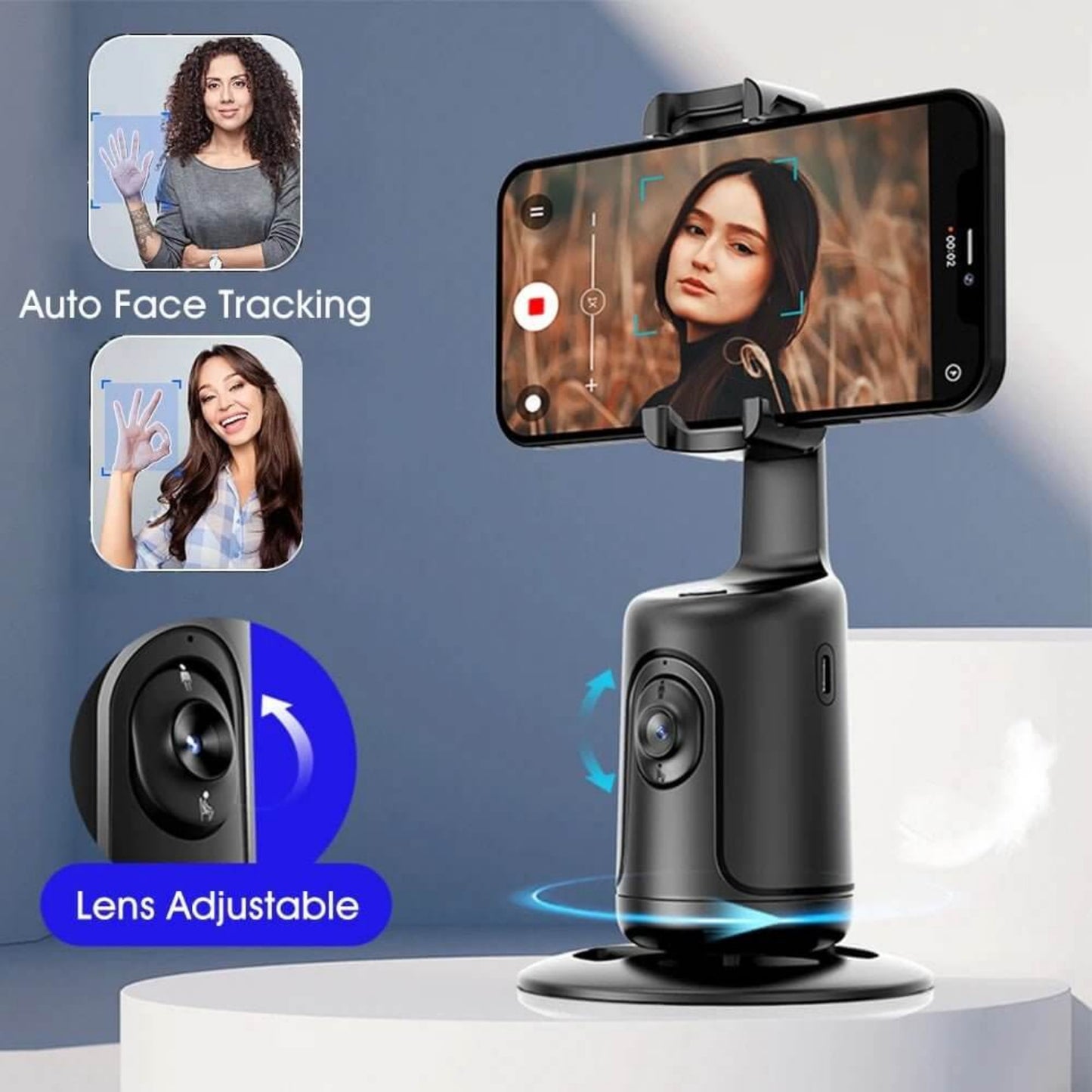 Auto Tracking Phone Holder, Auto Face Tracking Tripod - Black with lens adjustable feature and auto face tracking display.
