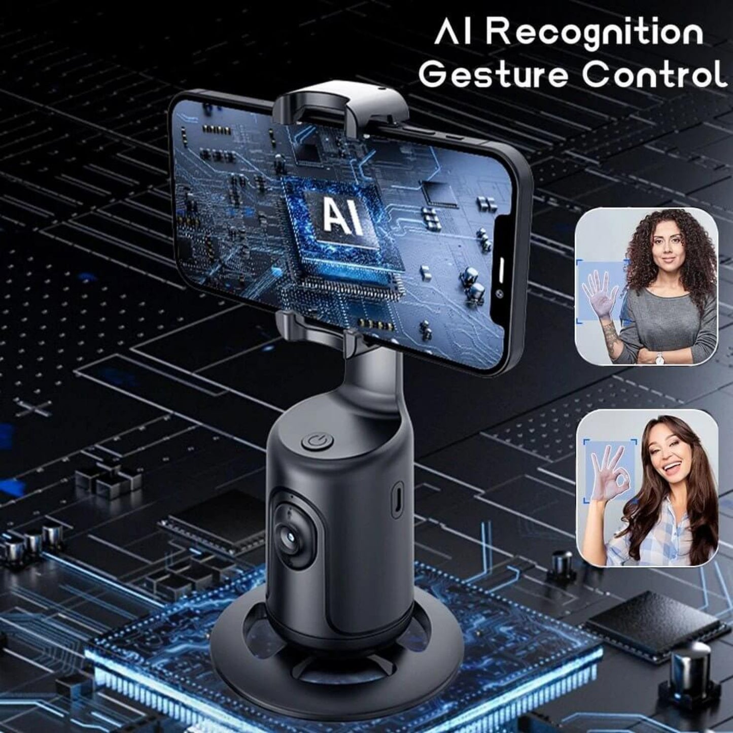 Auto Tracking Phone Holder, Auto Face Tracking Tripod - Black with AI gesture control features for hands-free shooting.