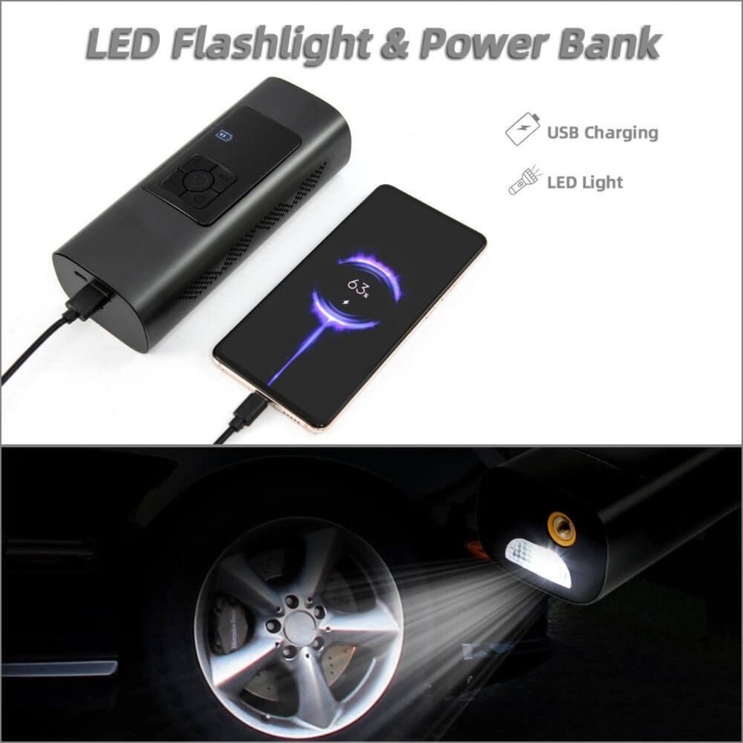 Rechargeable air pump featuring an LED flashlight and USB power bank for emergencies and charging.