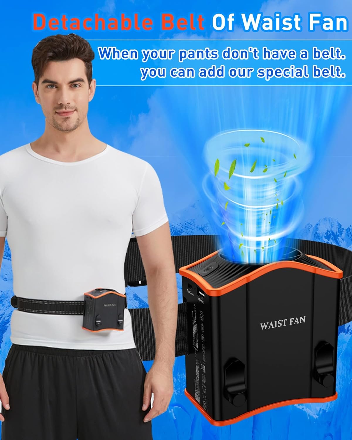 Man demonstrating detachable belt of portable waist fan for hands-free cooling solution.