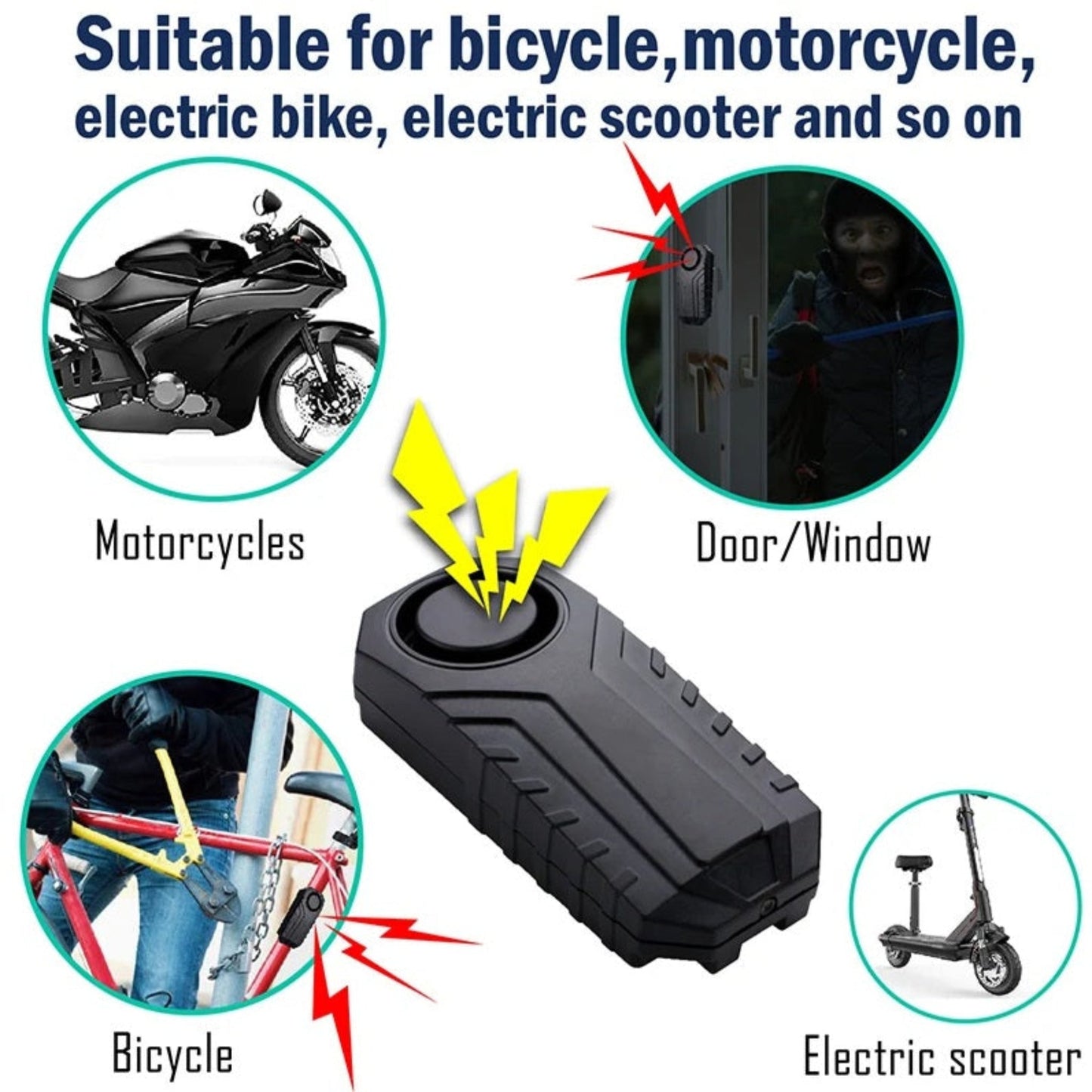 A bike alarm shown for use on bicycles, motorcycles, and doors, highlighting its versatility.