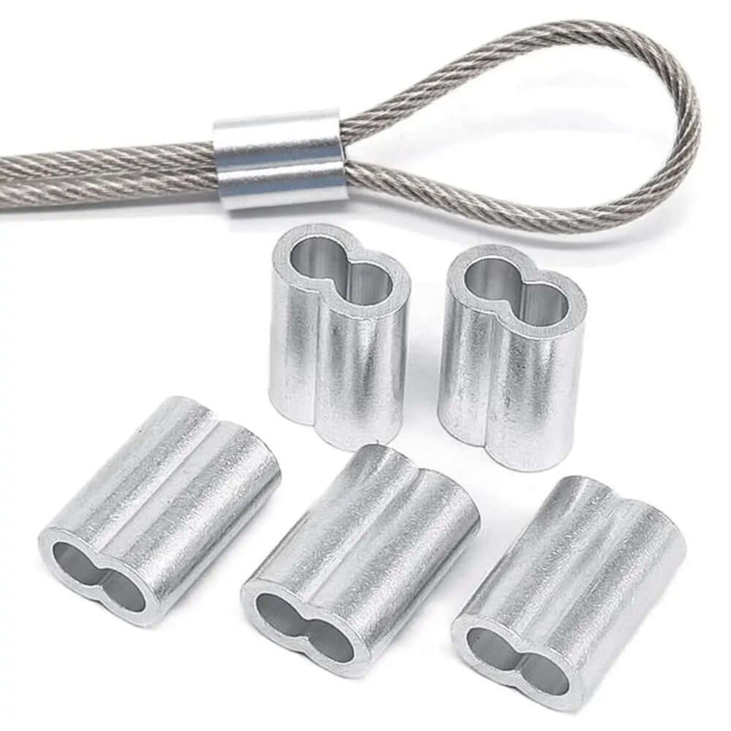 An aluminum crimp sleeve securely fastened to create a loop on a steel wire rope.