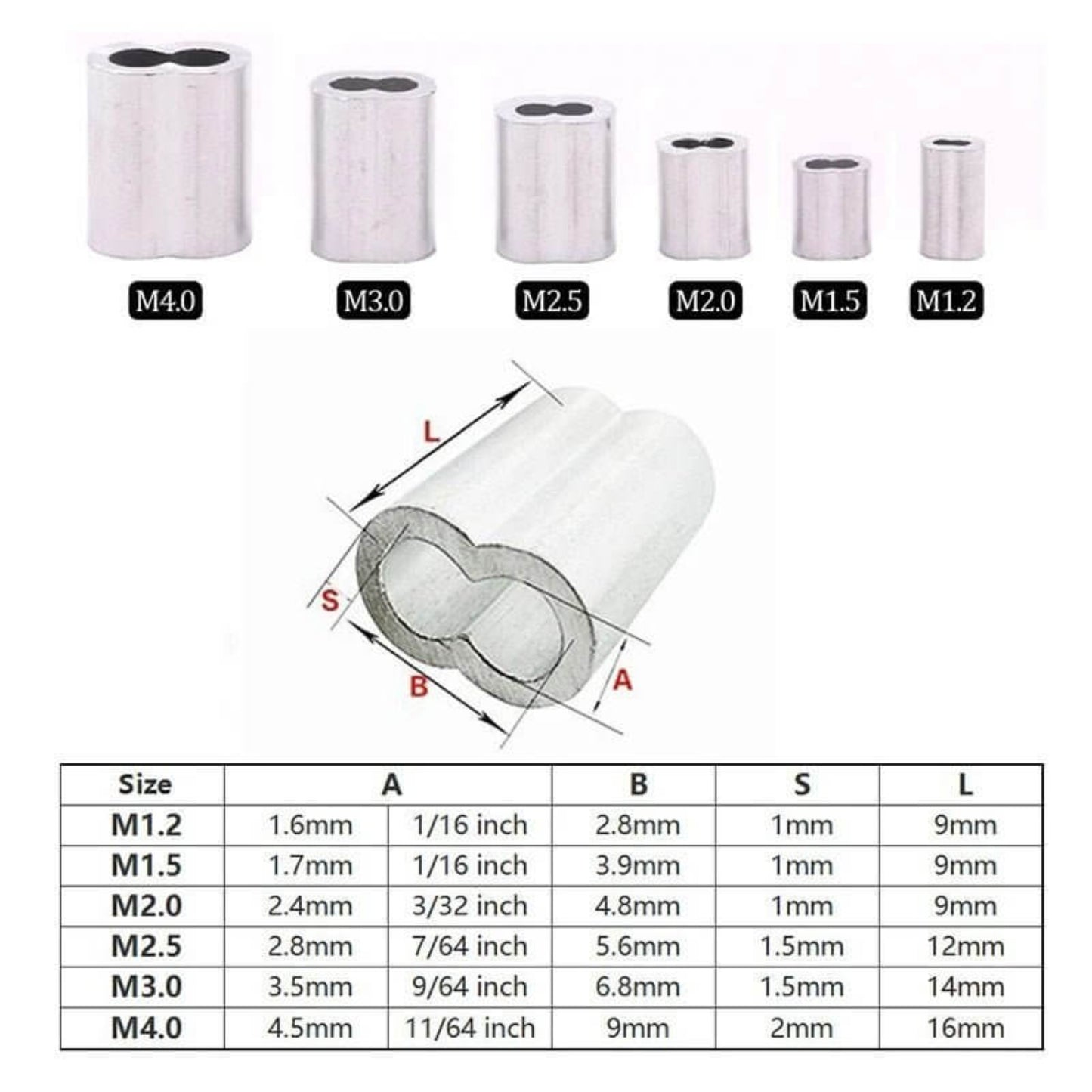 Size chart detailing the dimensions for M1.2 to M4 aluminum double barrel crimp sleeves.