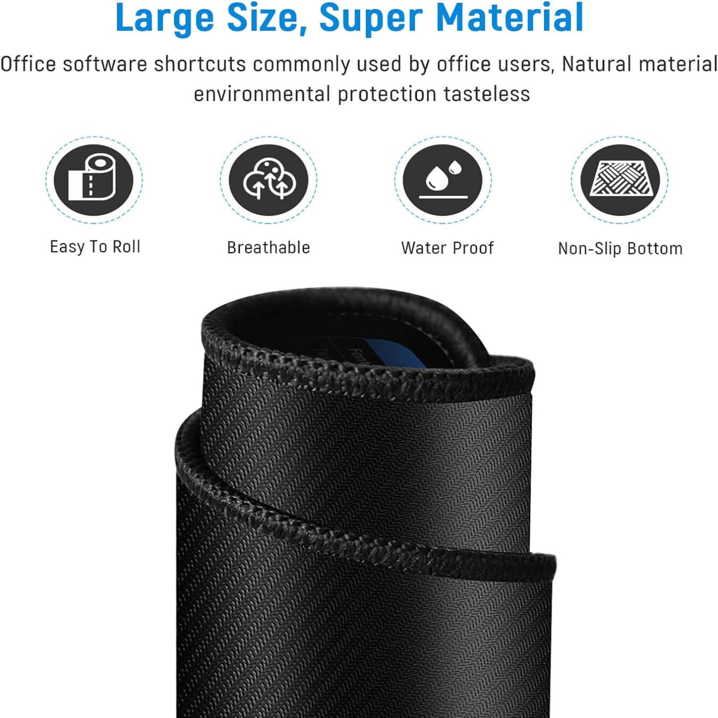 Large non-slip mouse pad with office shortcuts, waterproof, breathable, eco-friendly material for efficient work.