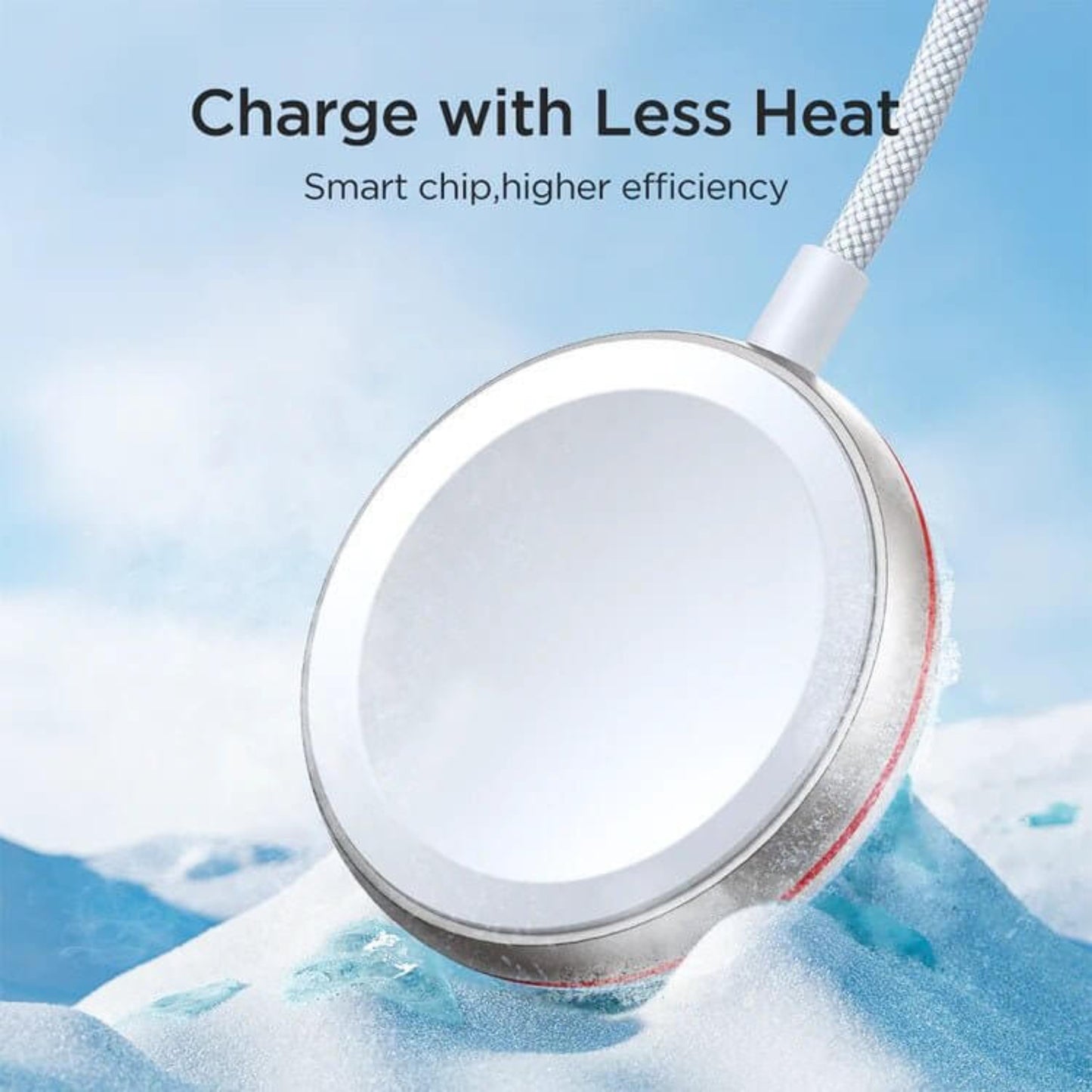 JOYROOM Apple Watch magnetic charger showing less heat generation for efficient charging in snowy backdrop.