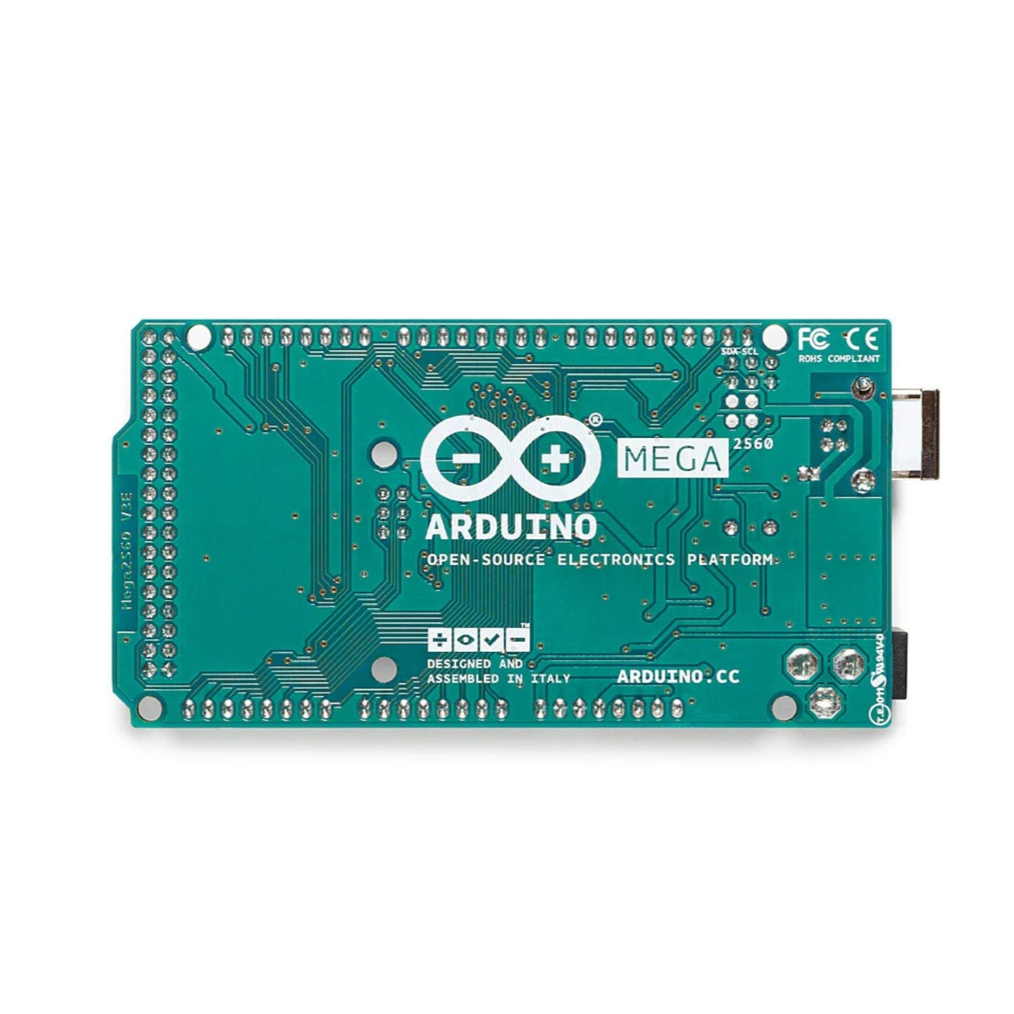 Bottom view of the green Arduino Mega 2560 Rev3 circuit board, showing traces and the open-source hardware logo.