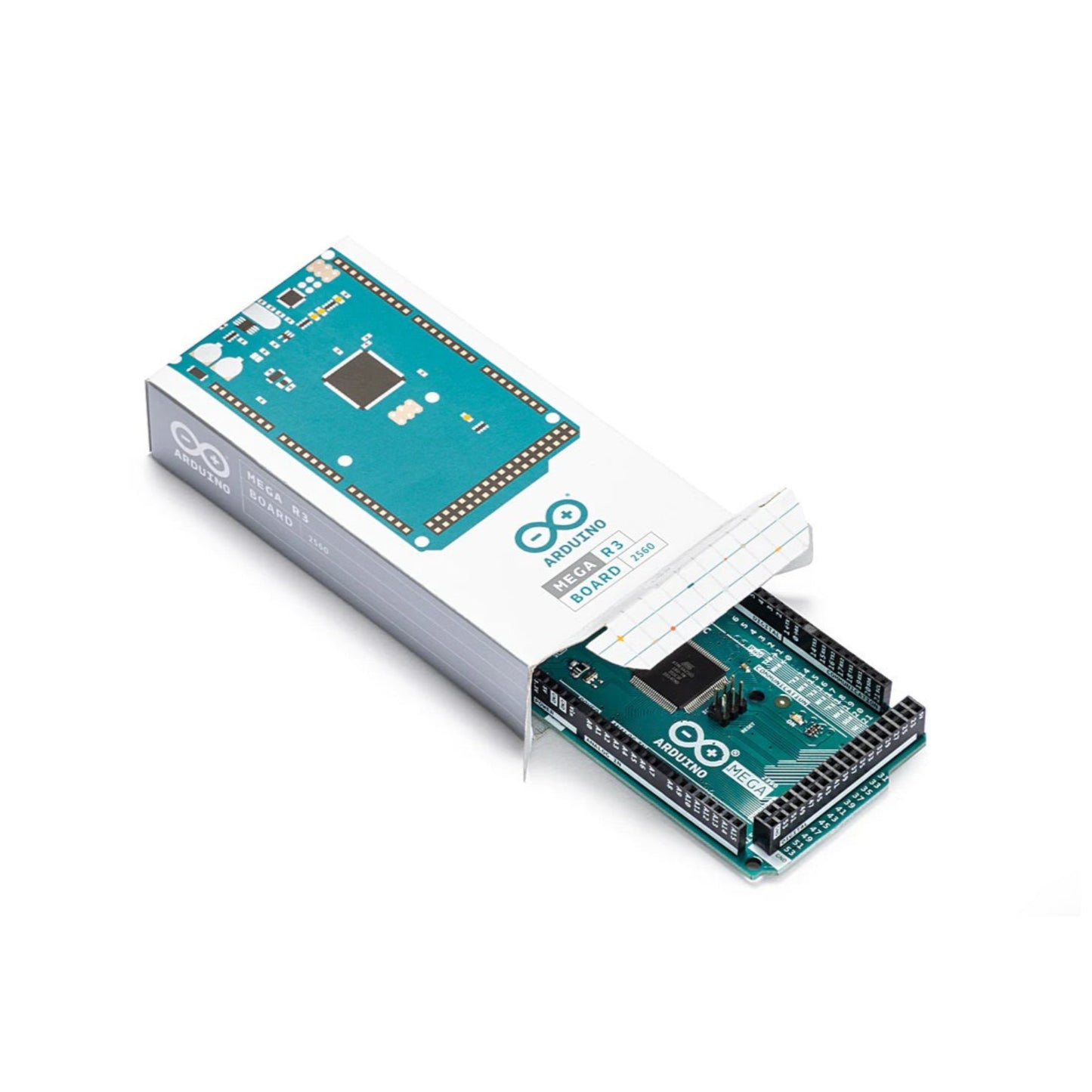 The Arduino Mega 2560 Rev3 board being unboxed, partially sliding out of its official packaging.