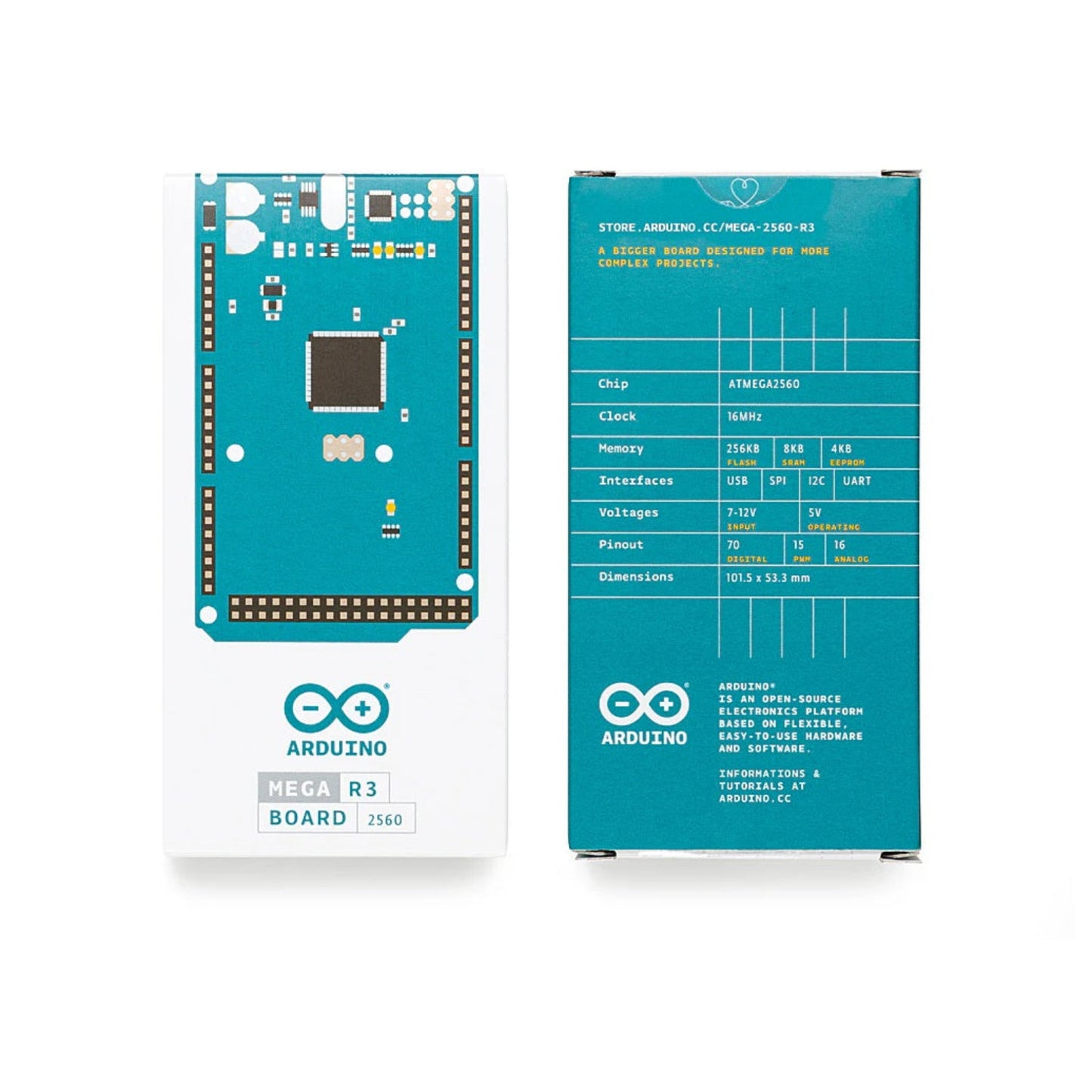 Front and back of the official Arduino Mega 2560 Rev3 box, detailing the board's technical specifications.