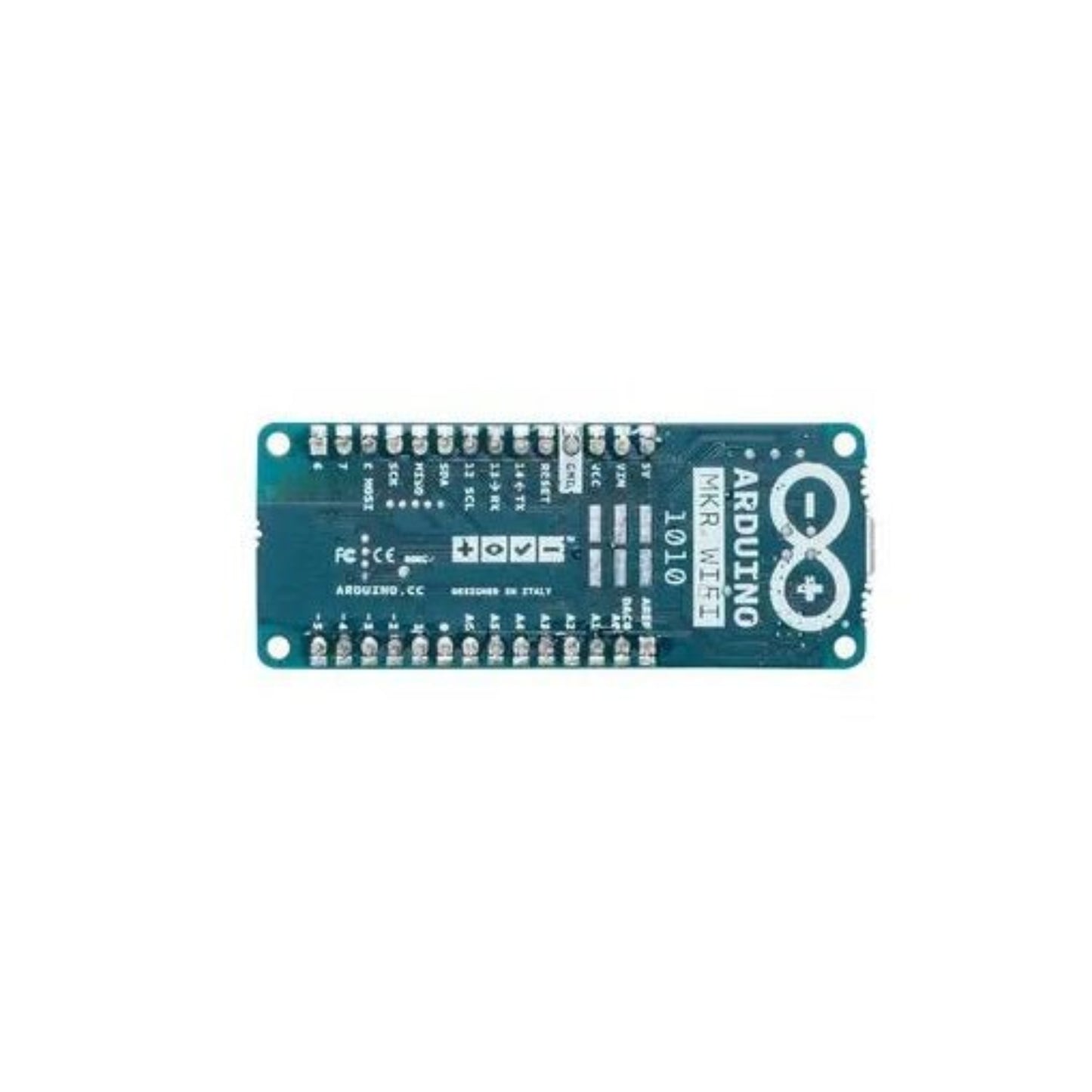 Arduino MKR WiFi 1010 board featuring SAMD21, ARM Cortex-M0+, 32KB RAM and 256KB Flash memory.