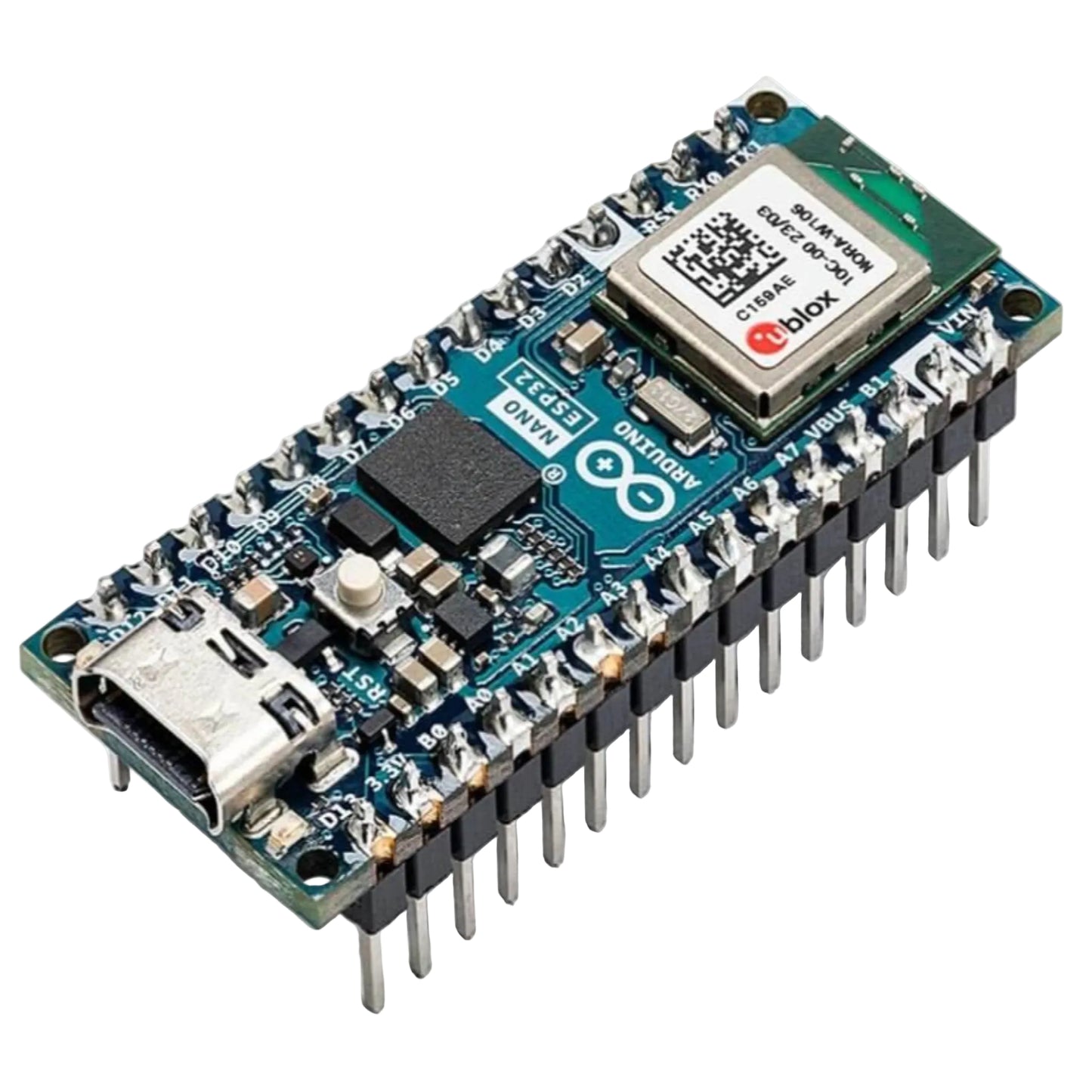 Nano ESP32 board with headers, USB-C, Wi-Fi, Bluetooth, MicroPython compatible for Arduino projects.
