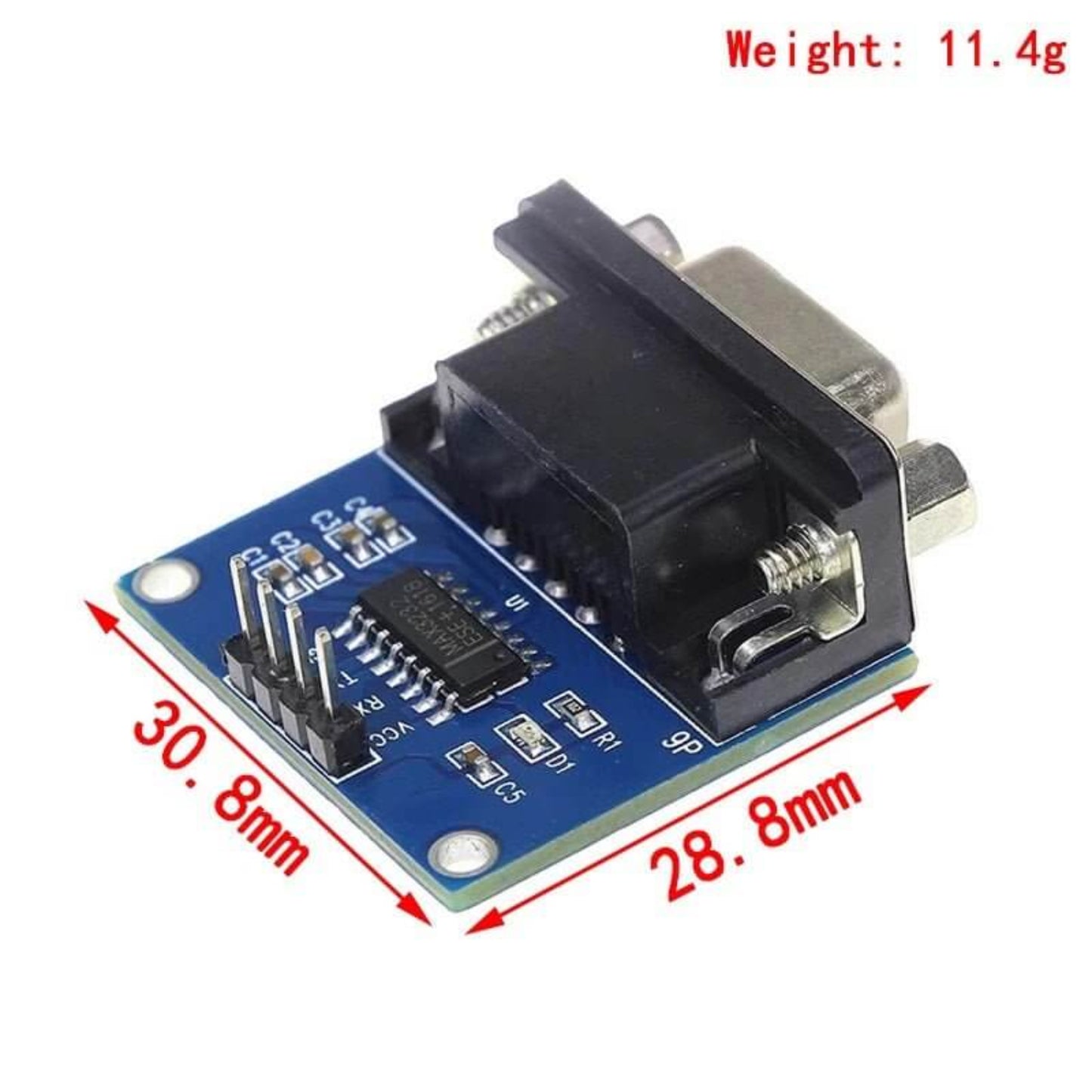 RS232 to TTL Converter Module for Arduino with DB9 Connector, dimensions 30.8mm x 28.8mm, weight 11.4g.