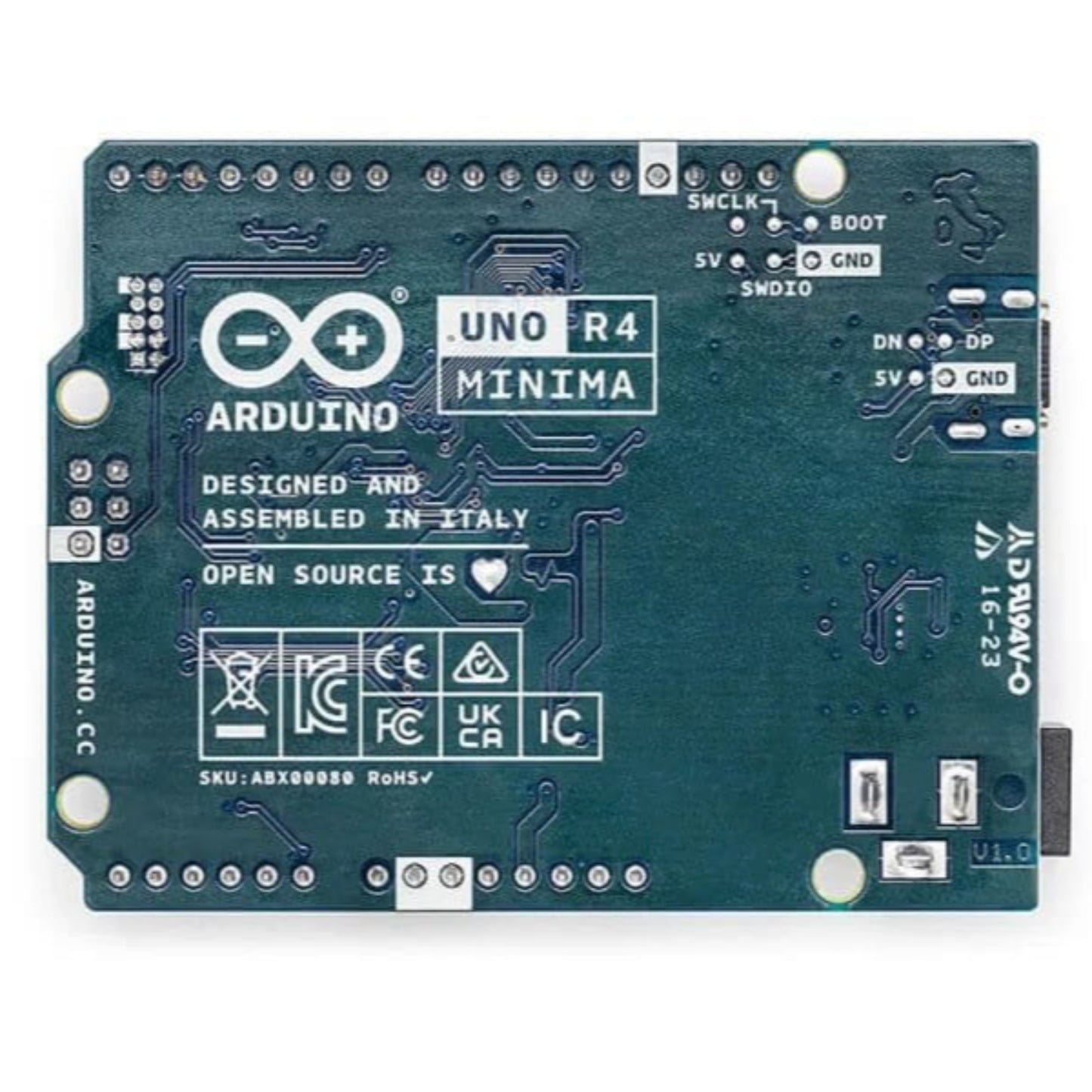 Arduino UNO R4 Minima board with 32-bit microcontroller, designed in Italy, compatible with existing shields and accessories.