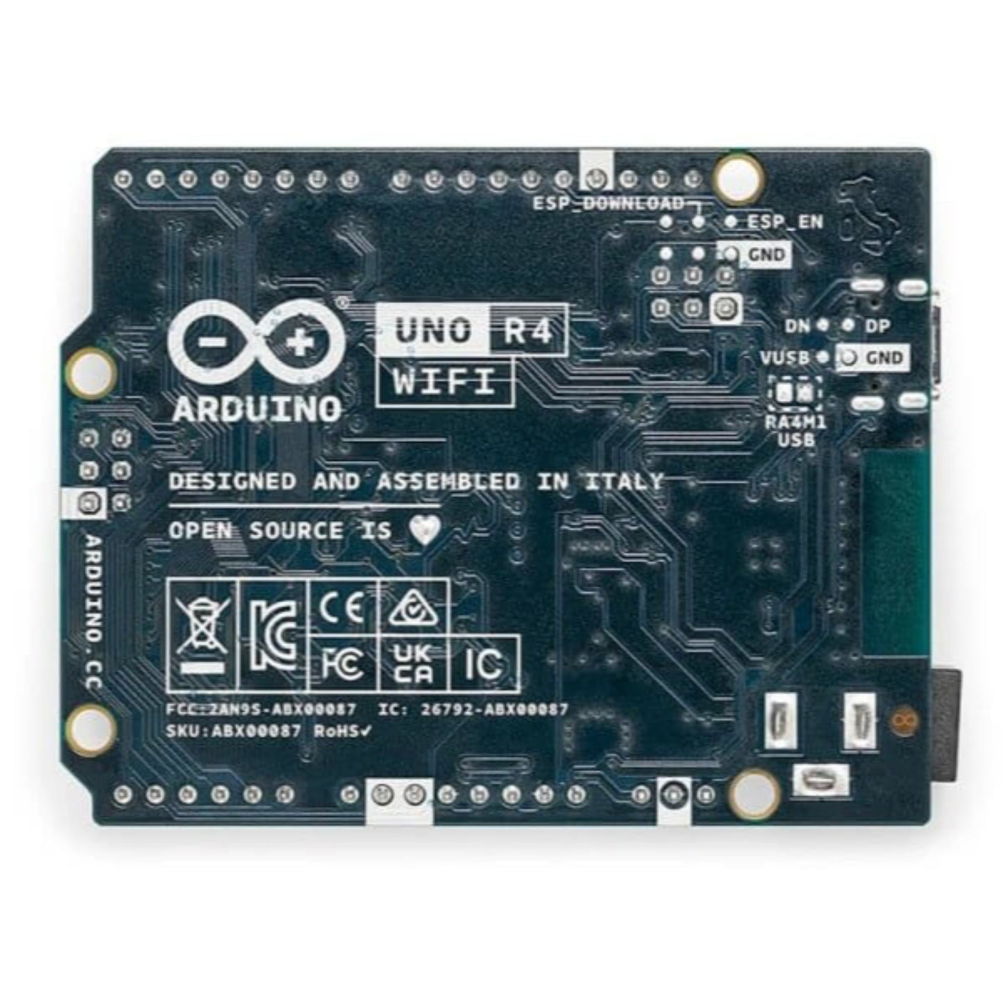 Arduino UNO R4 WiFi board featuring RA4M1 microcontroller and ESP32-S3 wireless connectivity, designed and assembled in Italy.