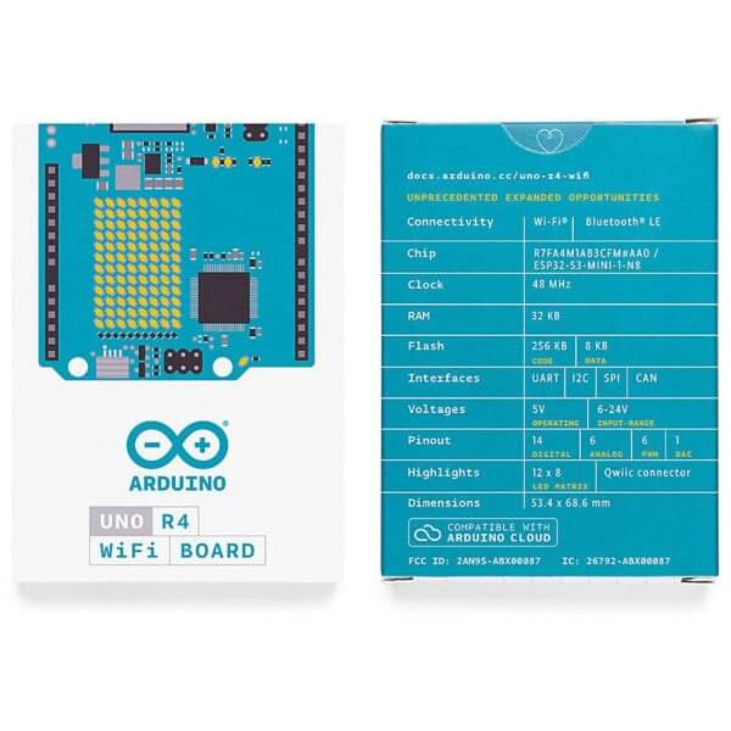 Arduino UNO R4 WiFi board packaging with technical specifications and connectivity features.