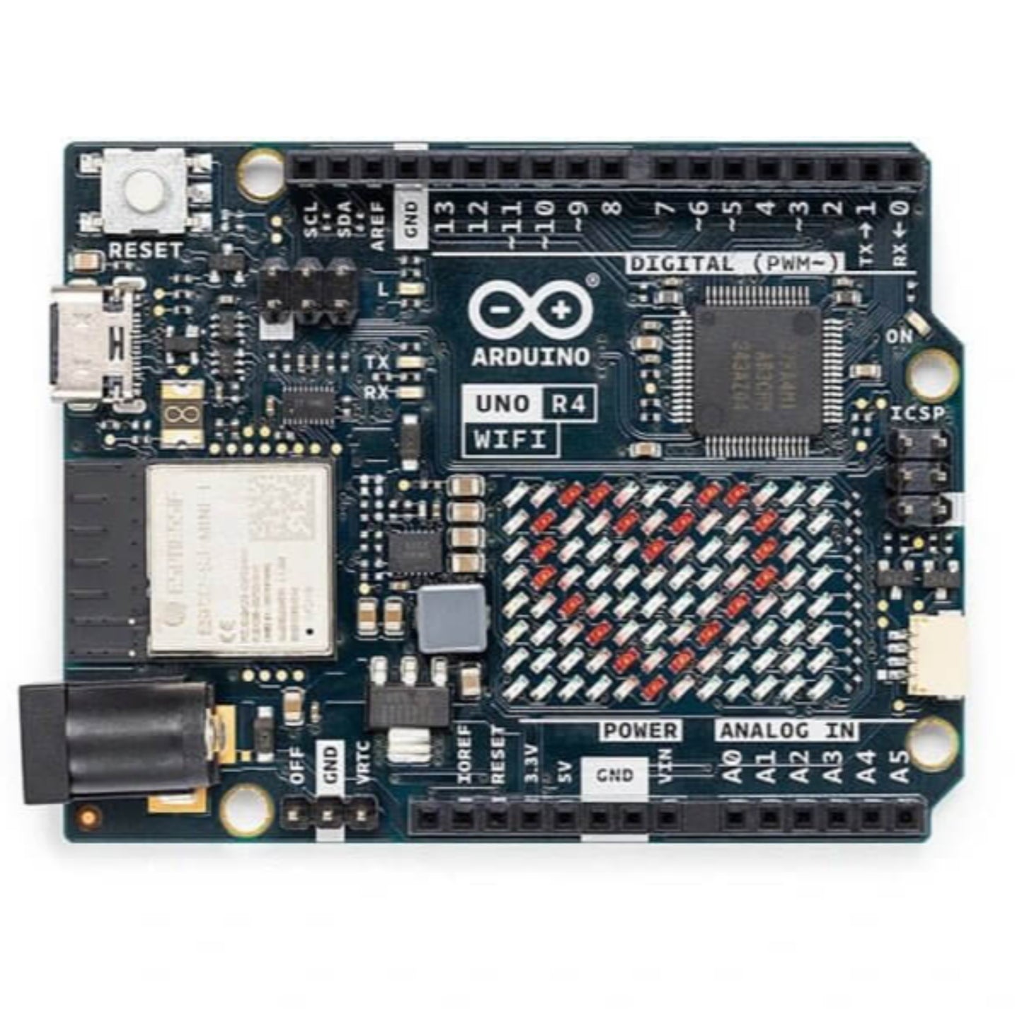 Arduino UNO R4 WiFi board showcasing LED matrix and connectivity features.