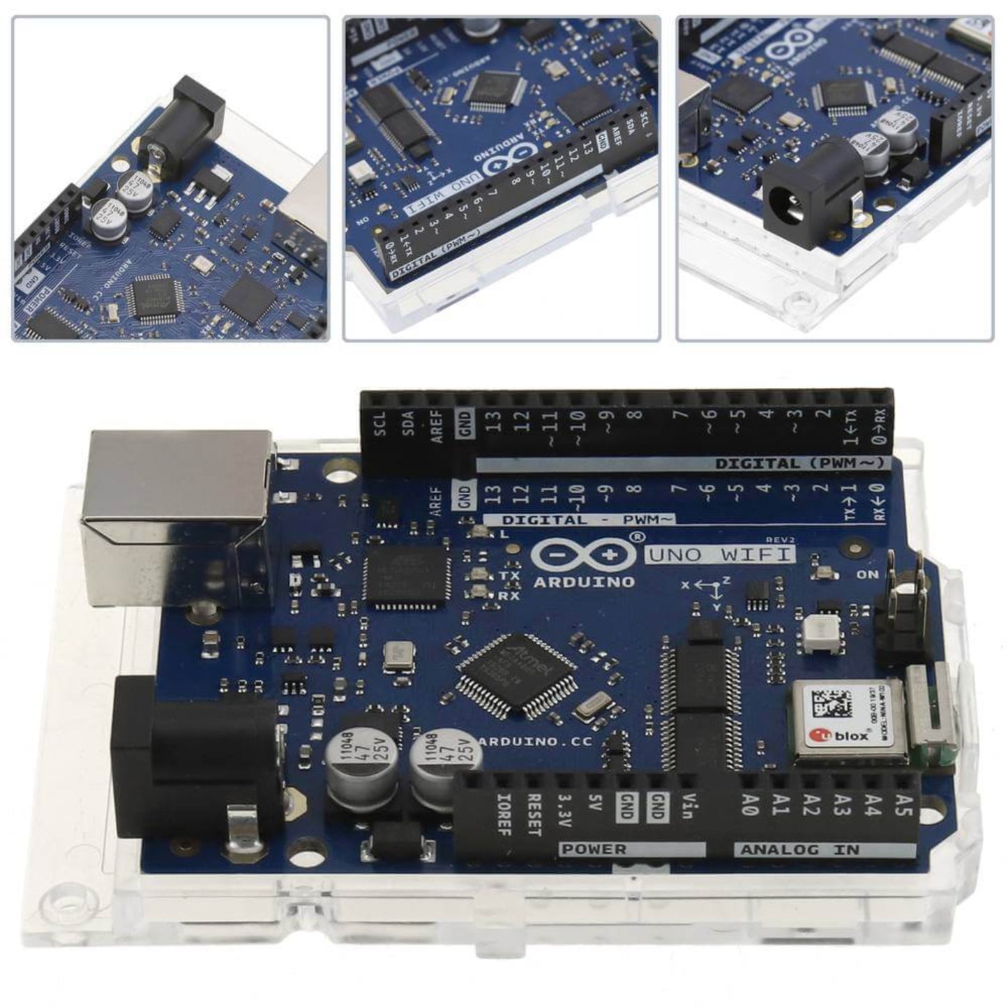 A clear, angled top-down view of the official Arduino UNO WiFi Rev 2 development board, showing all components and pin labels.