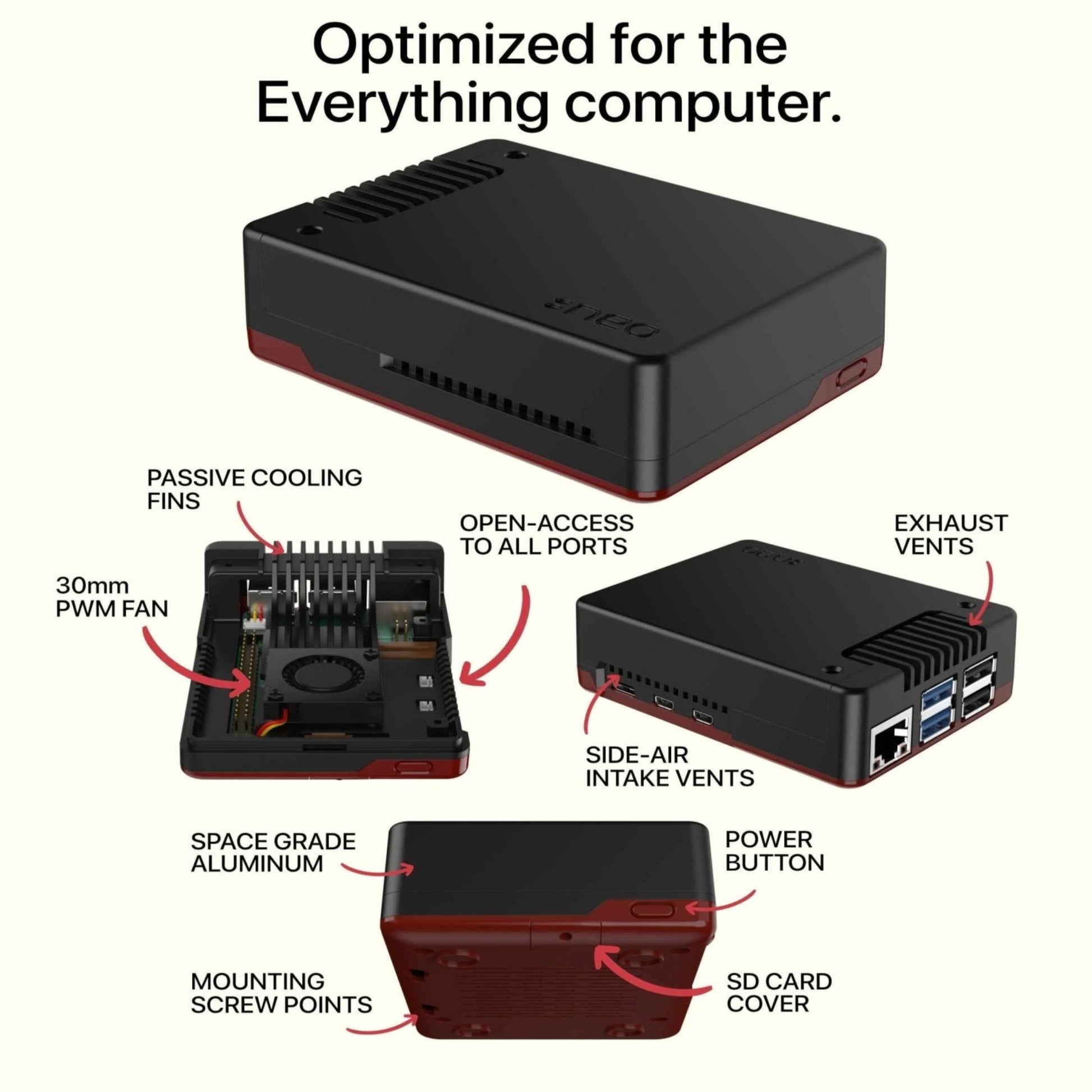 Argon NEO 5 BRED Case for Raspberry Pi 5 with PWM fan, passive cooling fins, and air intake vents.