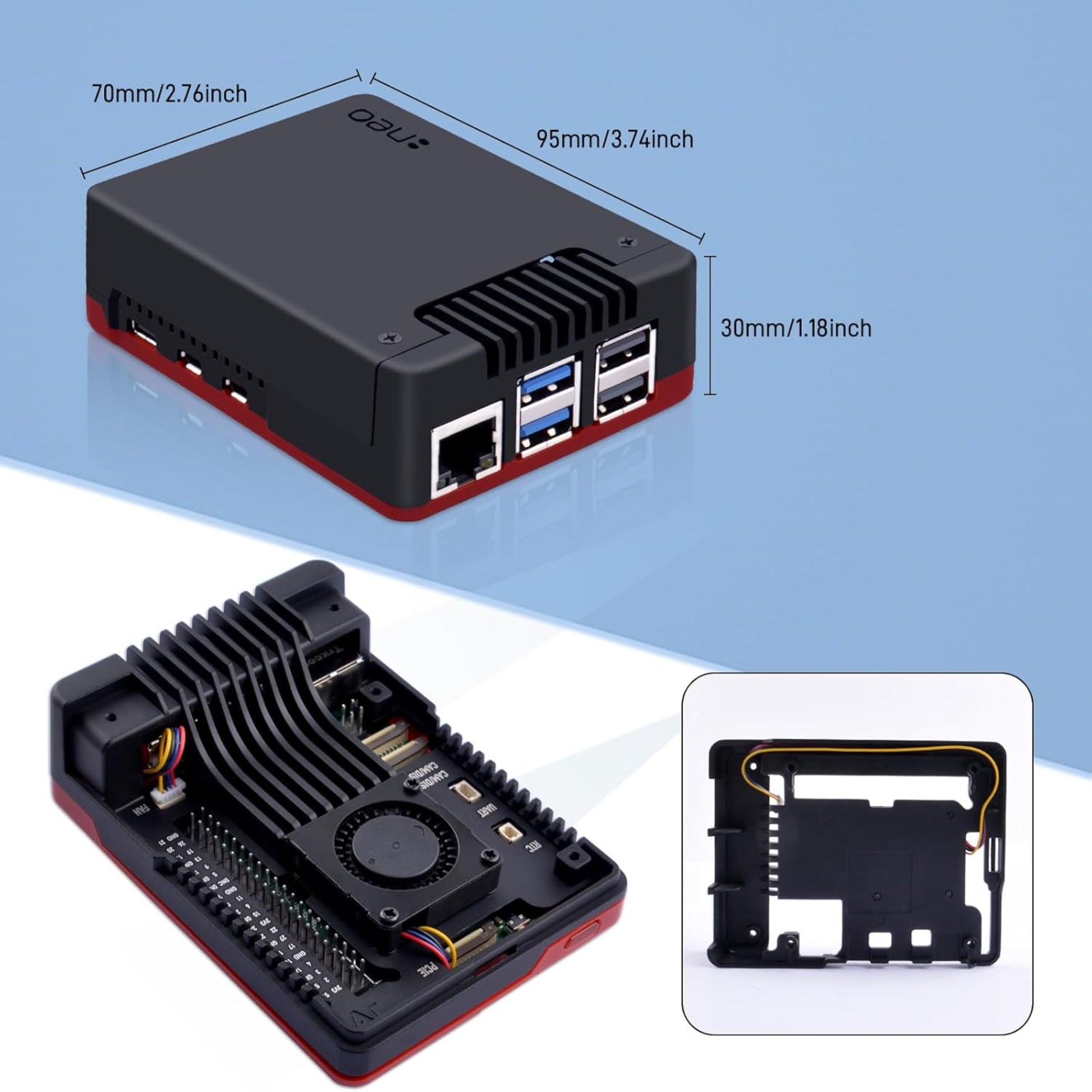 Argon NEO 5 BRED case for Raspberry Pi 5 with dimensions and internal cooling fan.