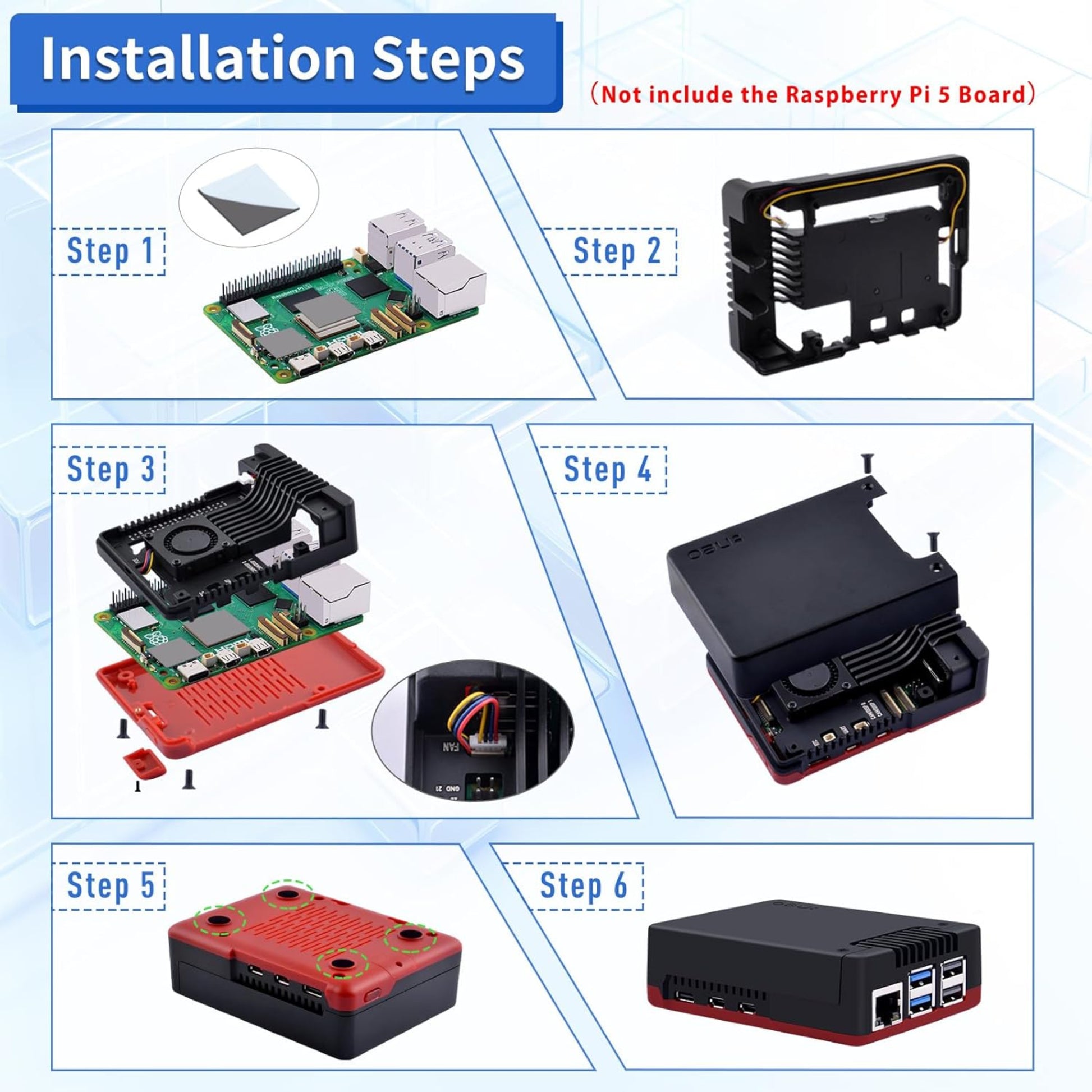 Step-by-step installation guide for Argon NEO 5 BRED Case for Raspberry Pi 5 with built-in fan.