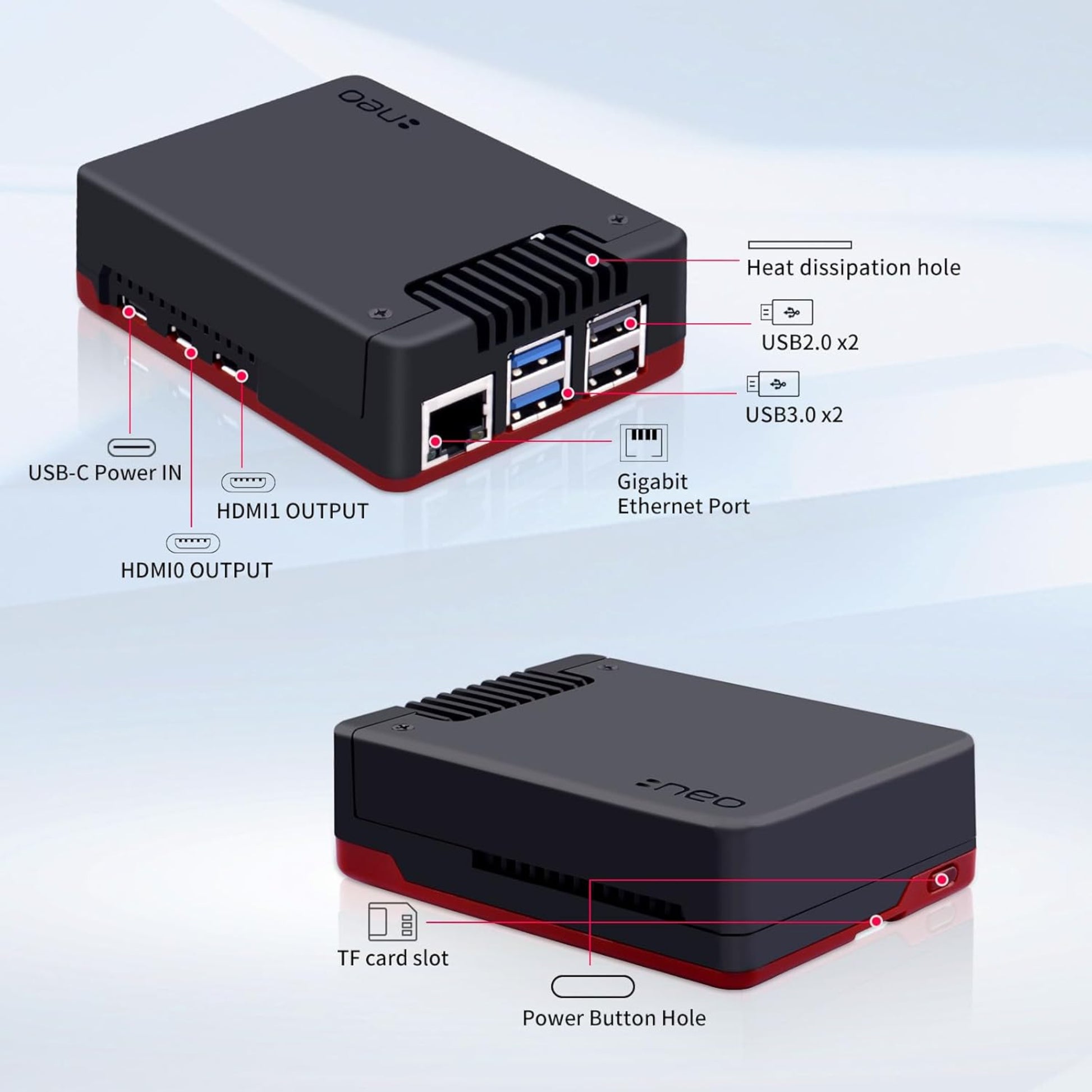 Diagram of Argon NEO 5 BRED Case for Raspberry Pi 5 showing ports and heat dissipation features.