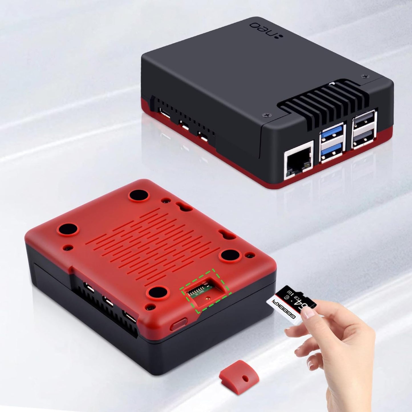 Argon NEO 5 BRED case for Raspberry Pi 5 showcasing aluminum design and built-in fan with easy access for microSD card.