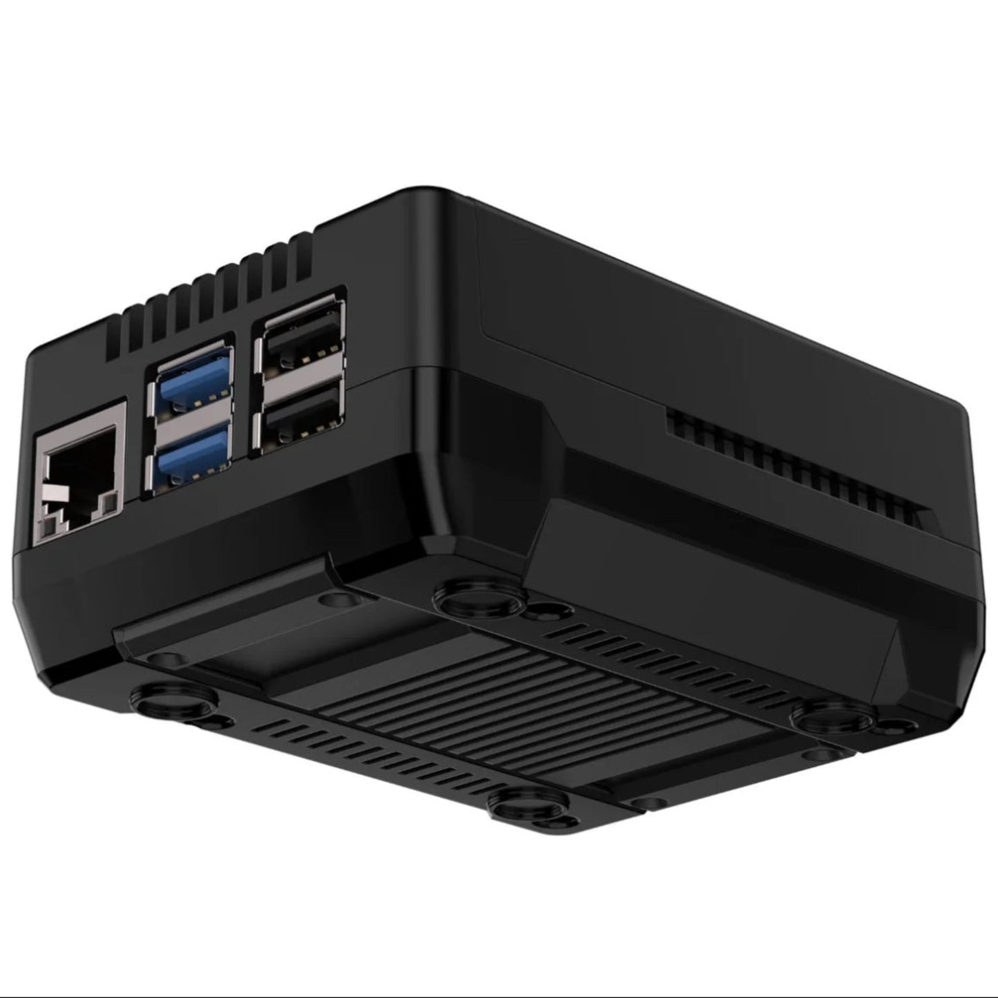 Bottom view of the Argon NEO 5 case for Raspberry Pi 5, featuring rubber feet and ventilation for improved airflow.