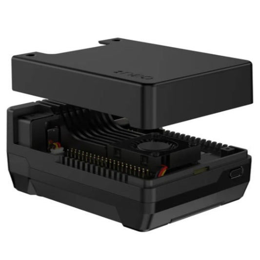 Internal view of the Argon NEO 5 case for Raspberry Pi 5, showing the M.2 NVME board, heatsink, and cooling fan.