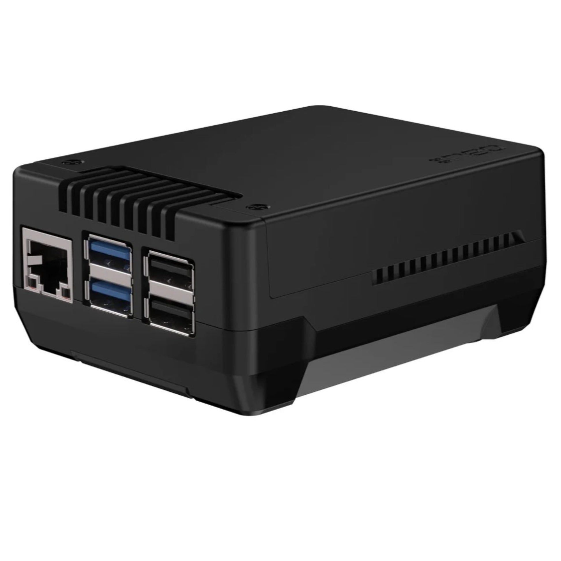 Angled view of the Argon NEO 5 case for Raspberry Pi 5, displaying the Ethernet, USB 3.0, and USB 2.0 ports.