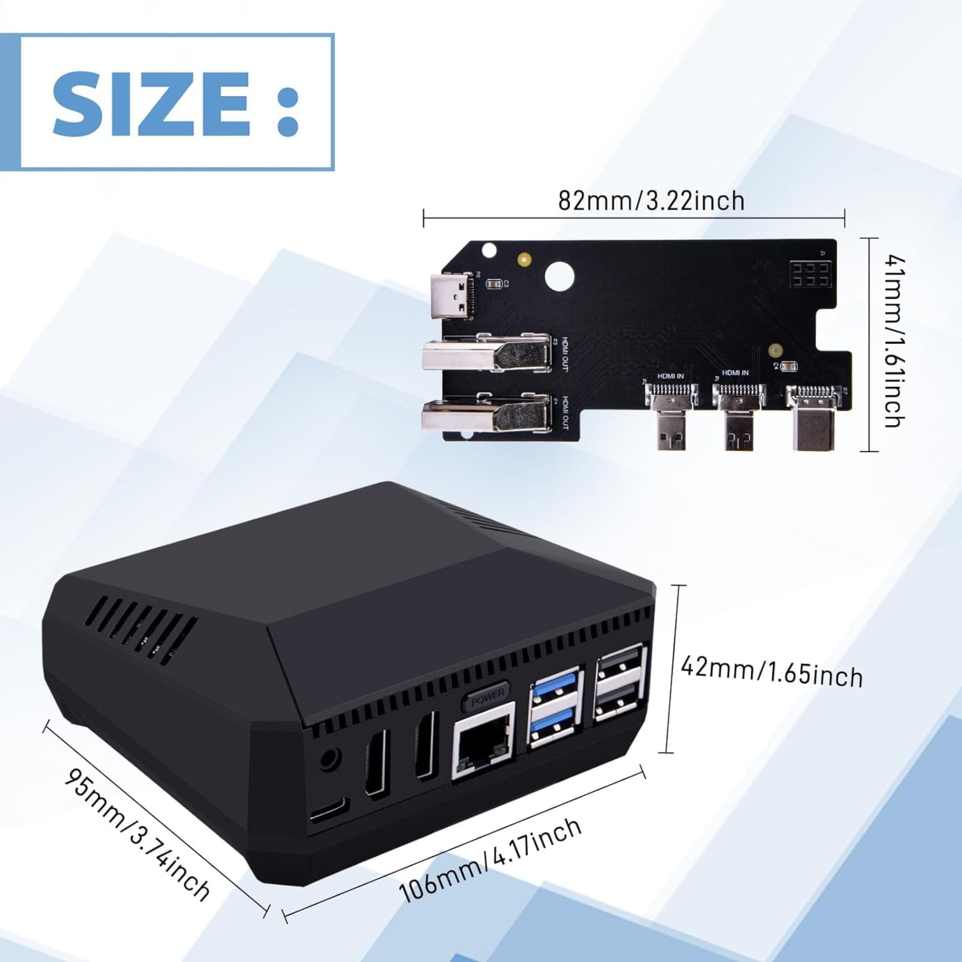 Dimensions of the Argon ONE V3 M.2 NVME case for Raspberry Pi 5, showcasing its size specifications.