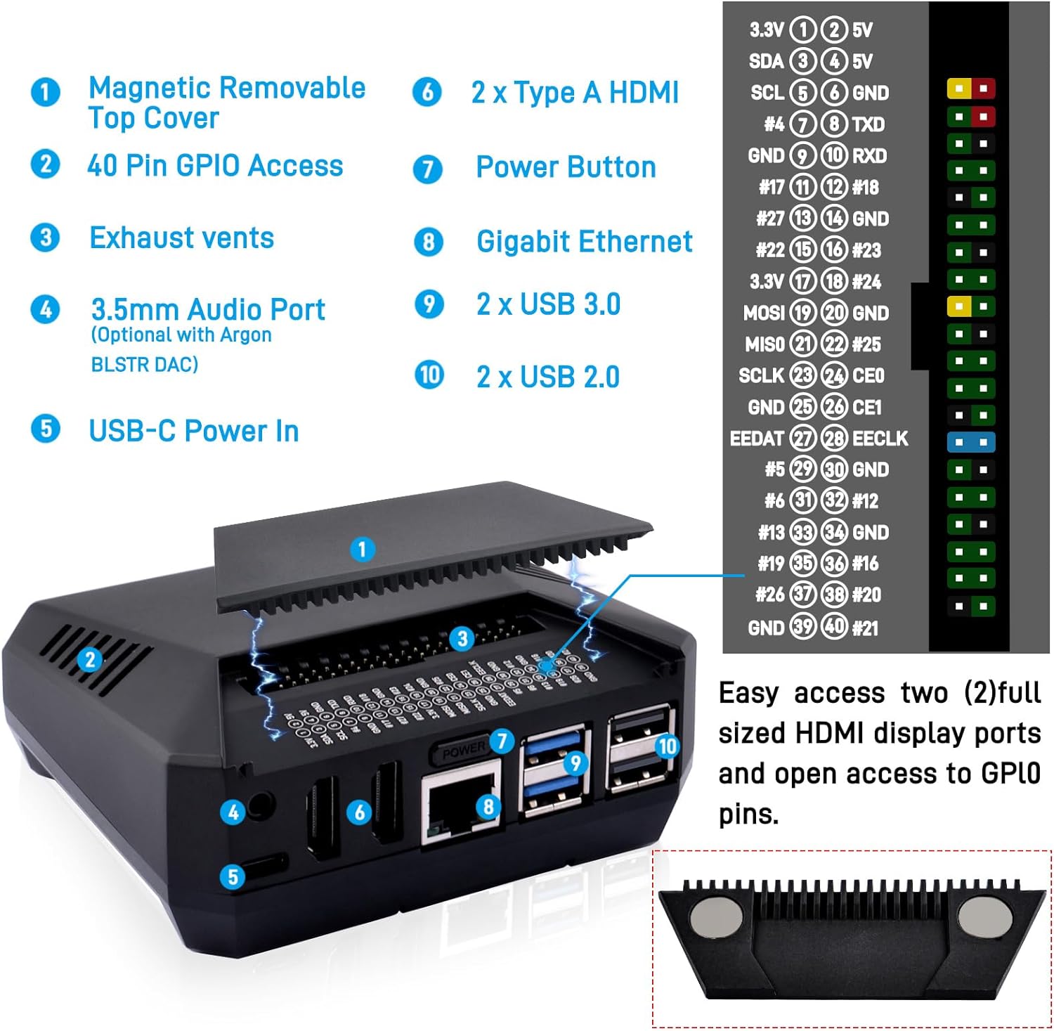 Argon ONE V3 M.2 NVME case showing ports, GPIO access, and cooling features for Raspberry Pi 5.