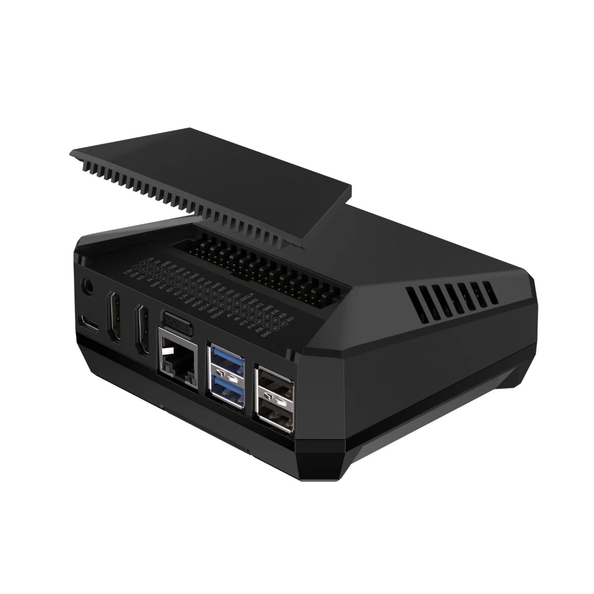 Argon ONE V3 M.2 NVME Case for Raspberry Pi 5 showcasing ports and heatsink design