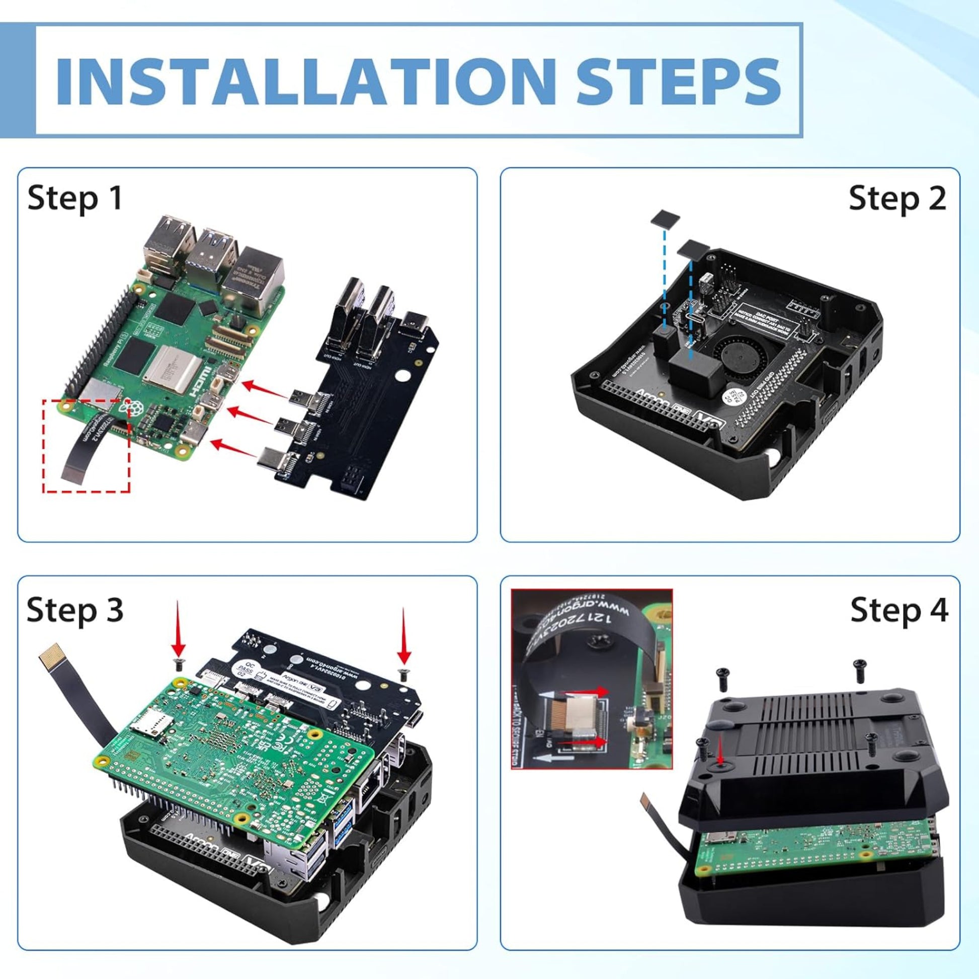 Installation steps for Argon ONE V3 M.2 NVME Case for Raspberry Pi 5, showcasing assembly process.