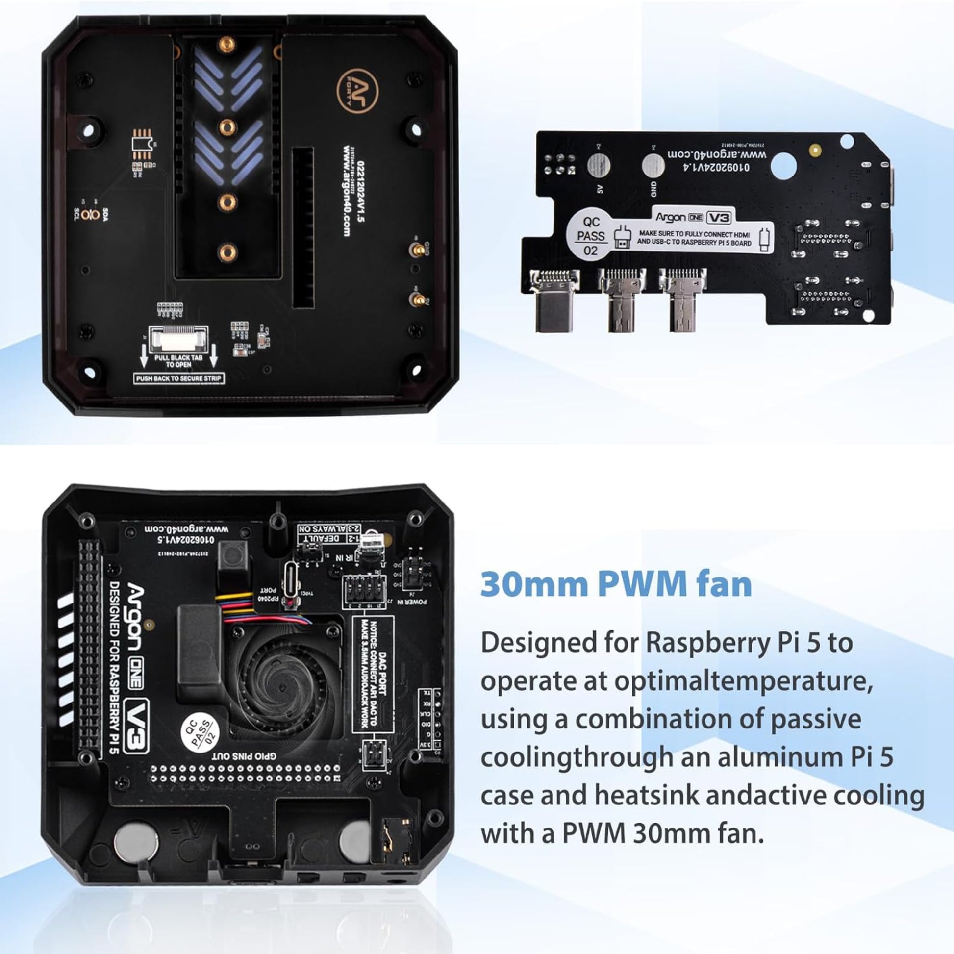 Argon ONE V3 M.2 NVME case for Raspberry Pi 5 featuring 30mm PWM fan and passive cooling design.