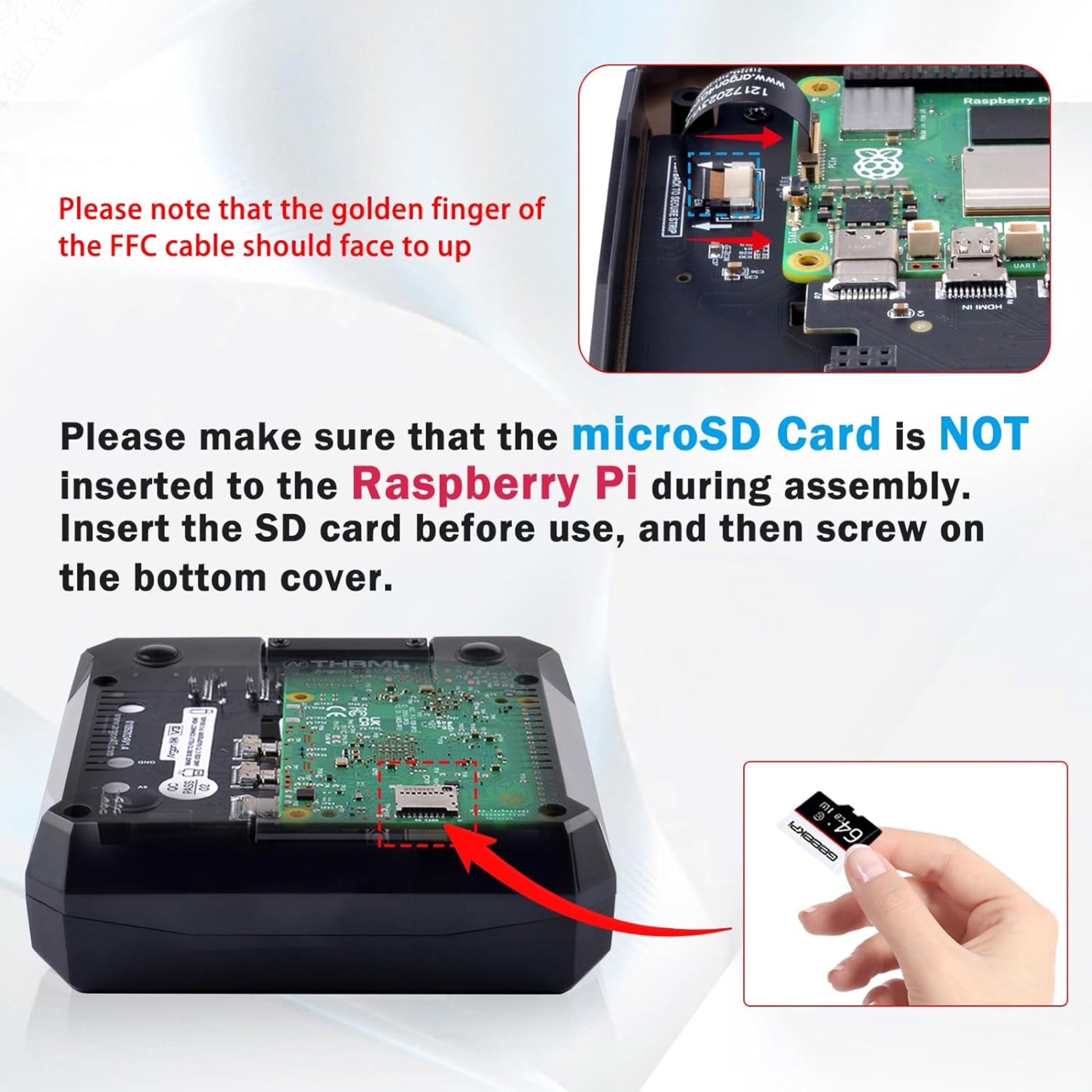Instructions for assembling Argon ONE V3 case and inserting microSD card in Raspberry Pi 5.
