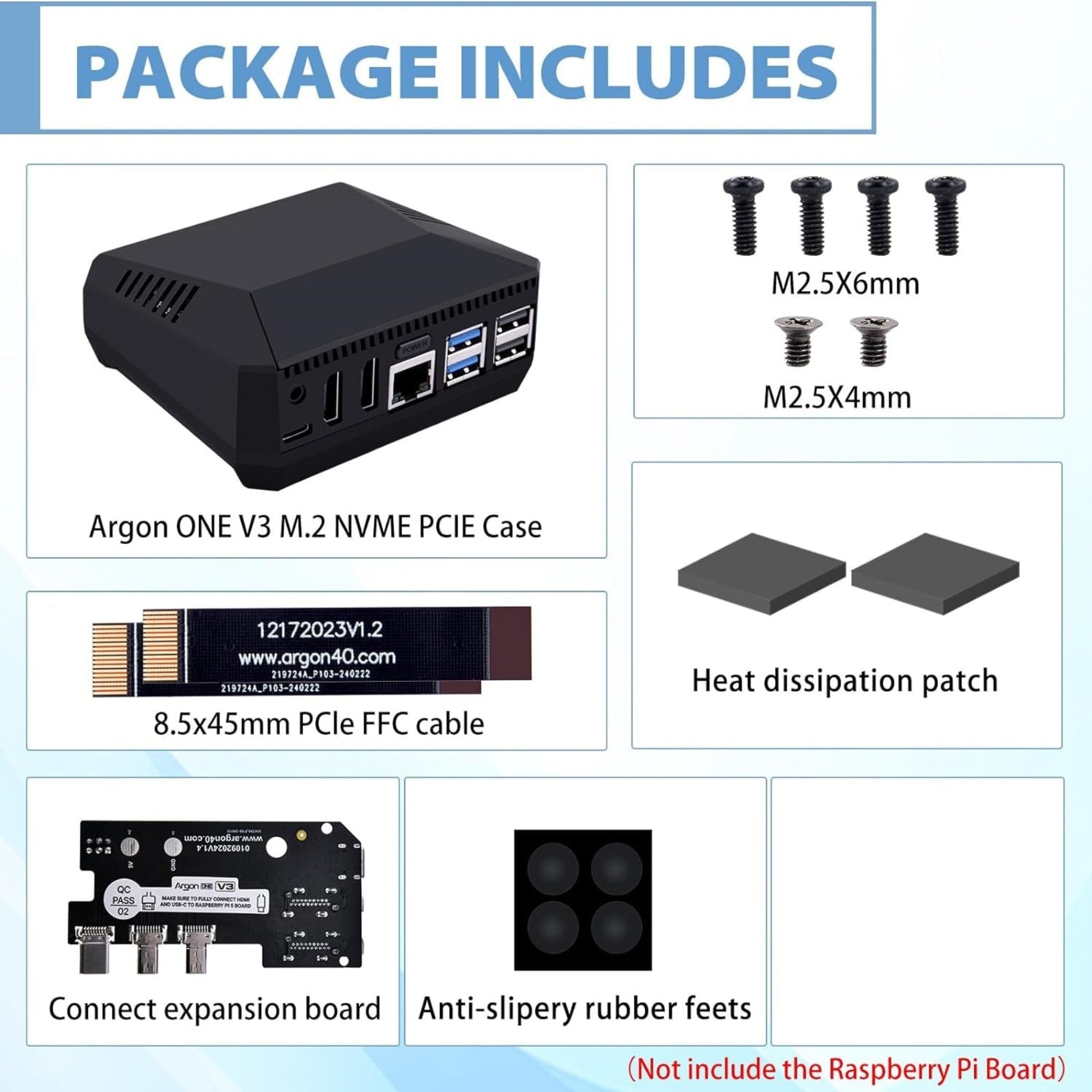 Package contents of Argon ONE V3 M.2 NVME PCIe Case, including case, screws, cables, heat patch, and rubber feet.