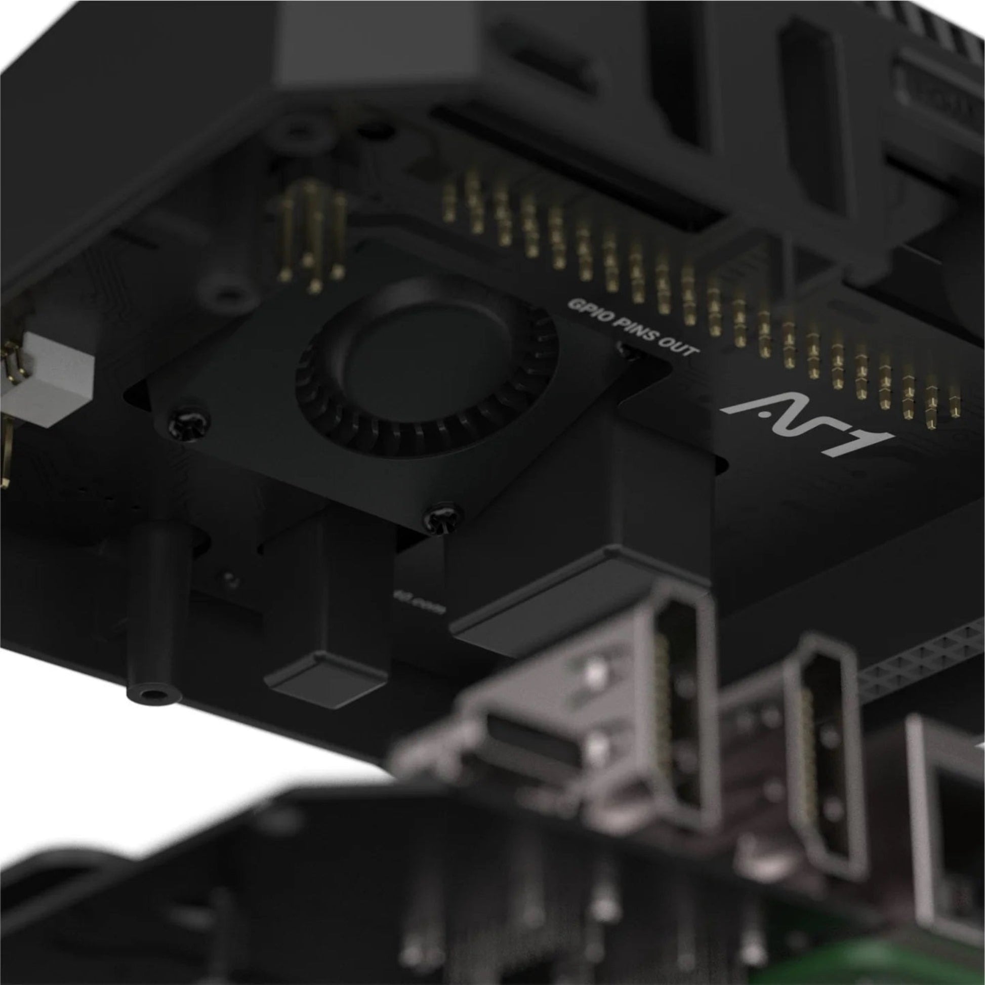 Close-up of the Argon ONE V3 case for Raspberry Pi 5 showcasing its cooling fan and thermal management design.